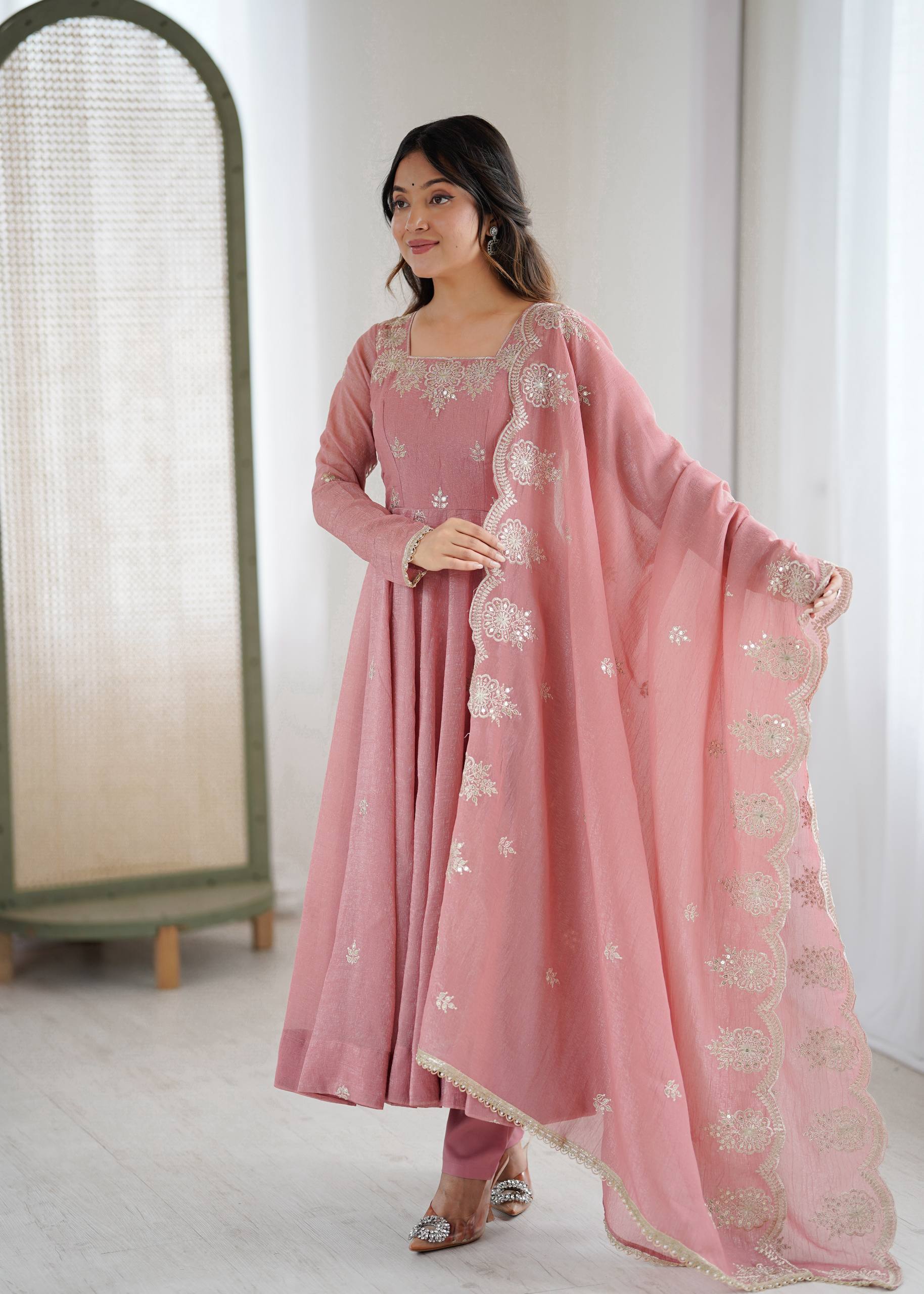 Designer Anarkali Gown Set in Crunchy Silk with 4 Meter Flair & Embroidery | Festive Wear for Women