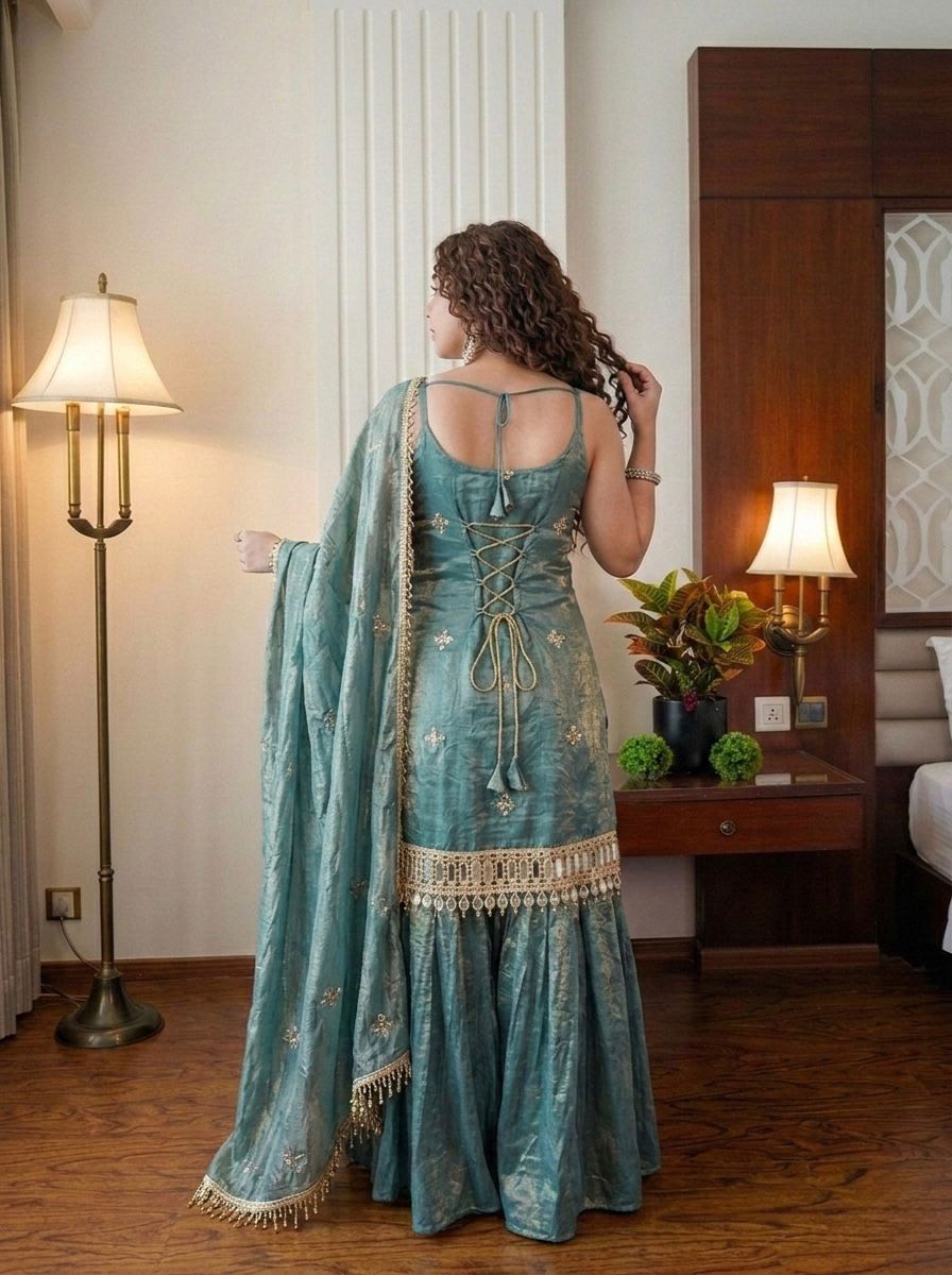 Premium Women Sharara Suit Set | Fendy Silk Top with Mirror Work & Dupatta