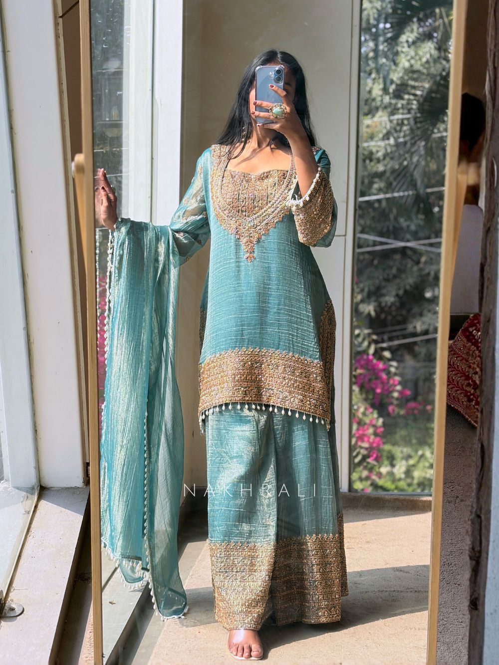 Elegant Fendy Silk Embroidered Sharara Pent Set | Ready To Wear 3-Piece Outfit