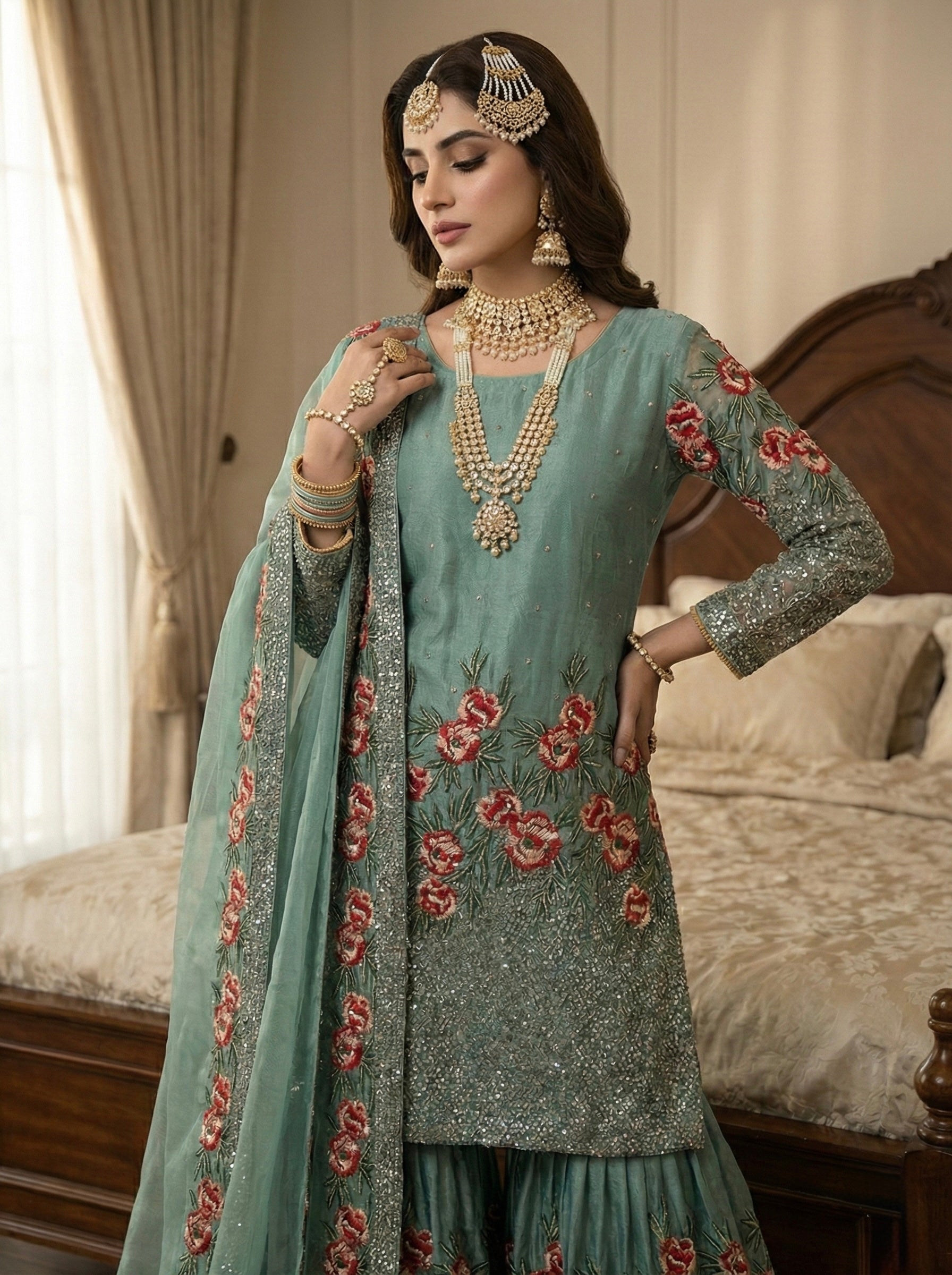 Designer Fendy Silk Top Sharara Dupatta Set with Handwork & Embroidery | Party & Wedding Wear Outfit