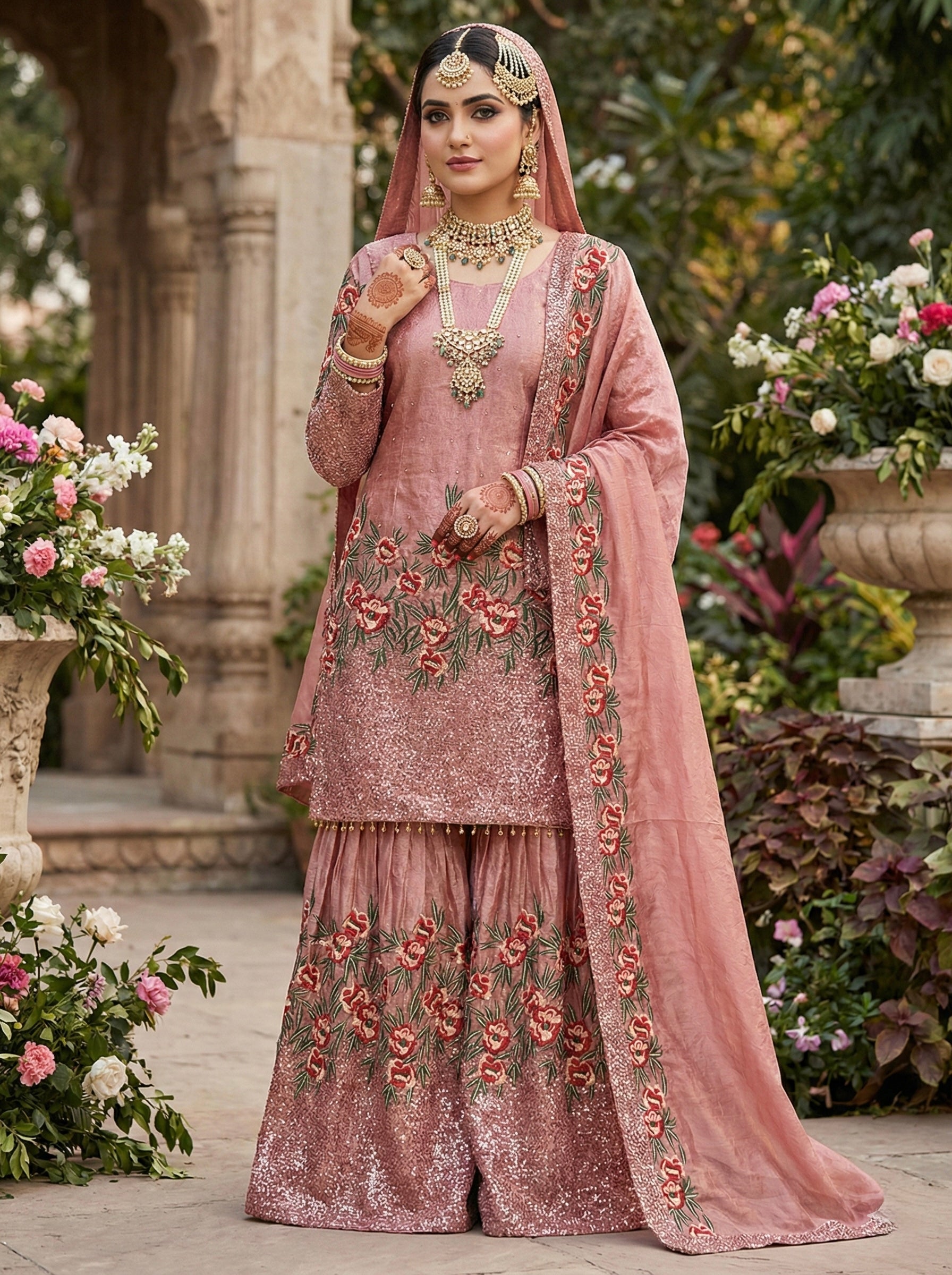 Designer Fendy Silk Top Sharara Dupatta Set with Handwork & Embroidery | Party & Wedding Wear Outfit