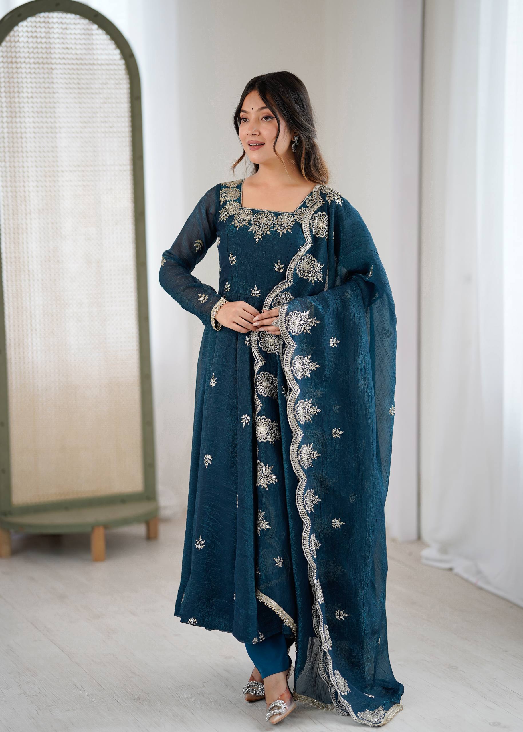 Designer Anarkali Gown Set in Crunchy Silk with 4 Meter Flair & Embroidery | Festive Wear for Women