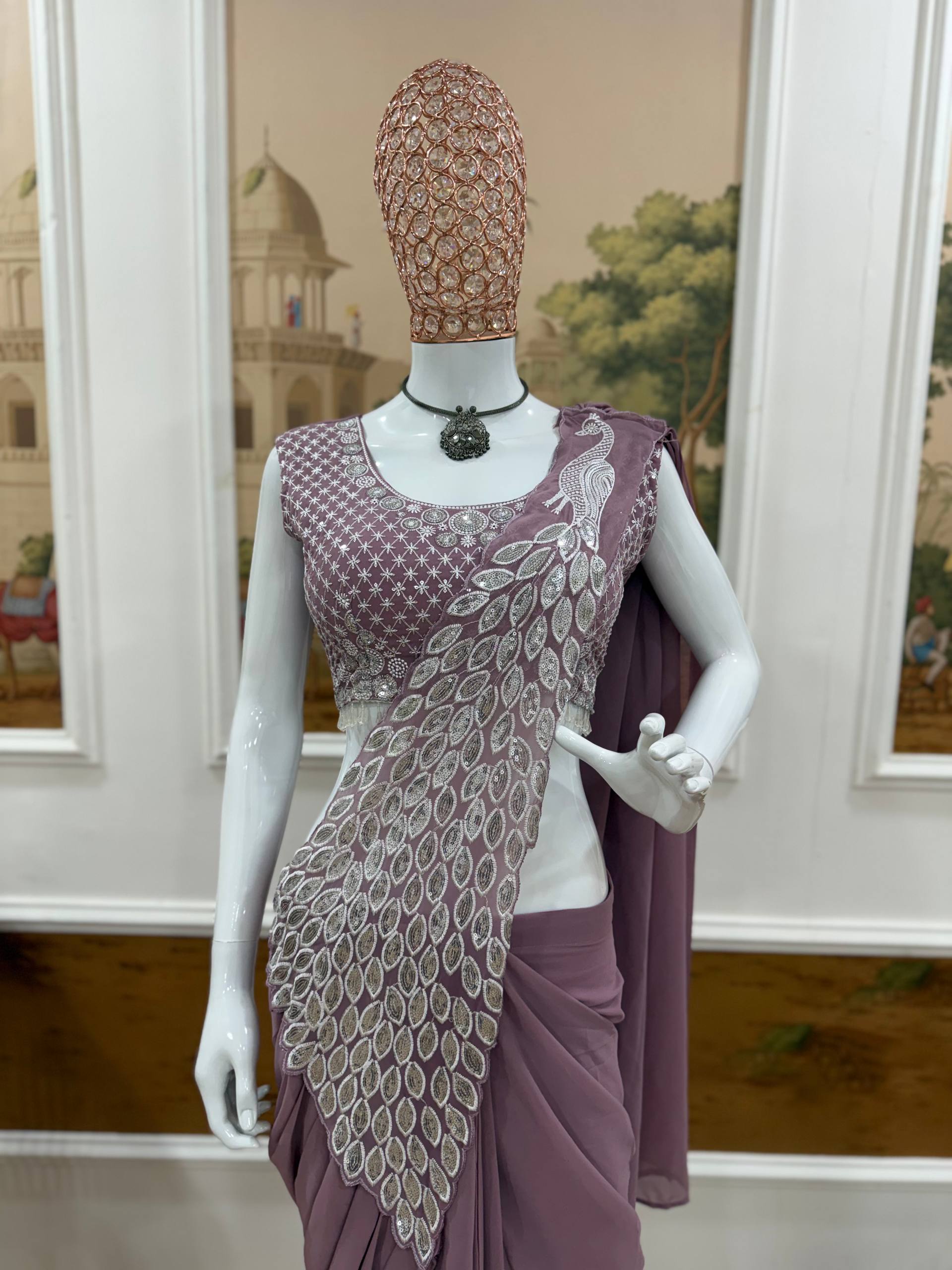Premium Party Wear Drape Saree with Fully Stitched Embroidered Blouse