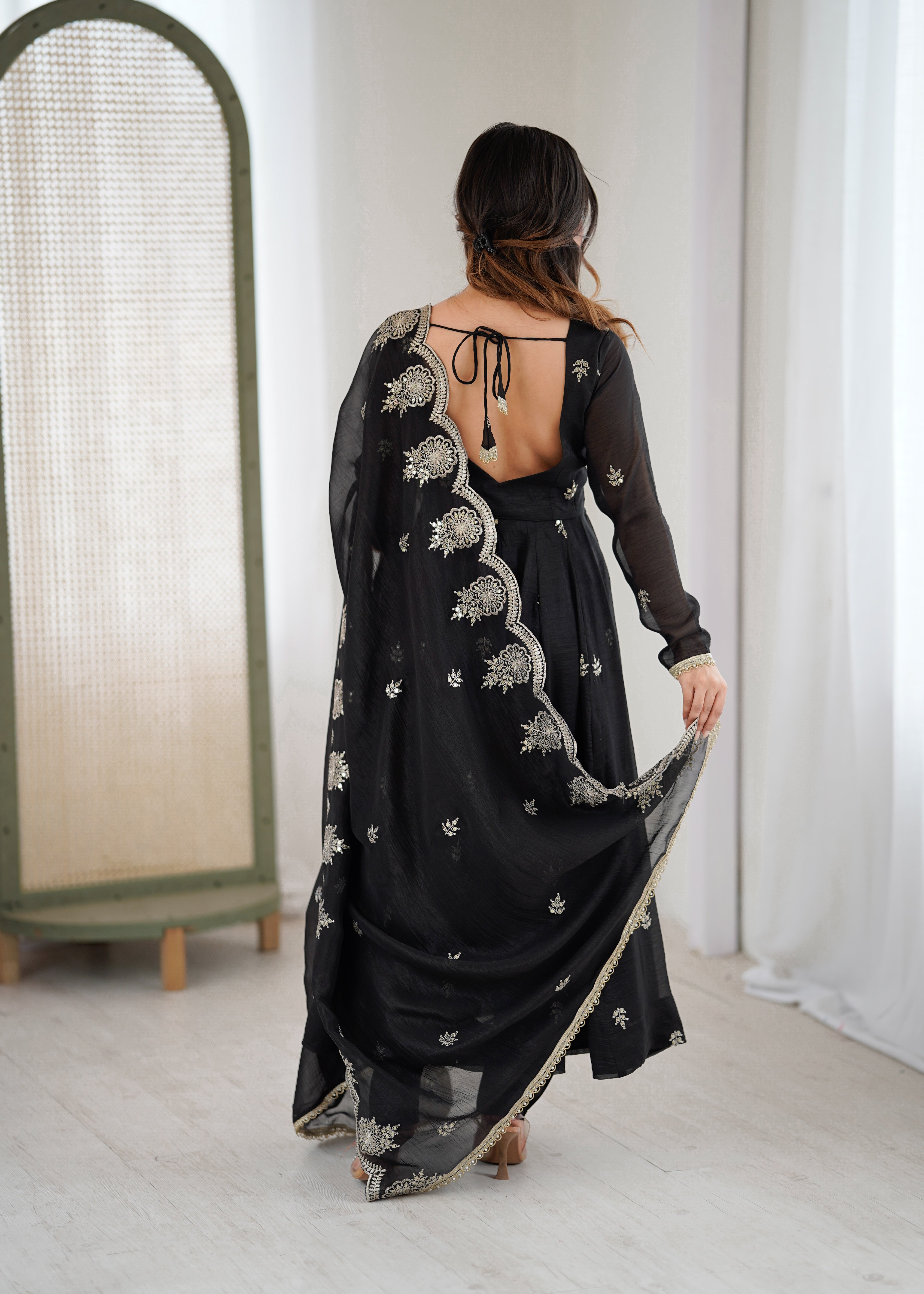 Designer Anarkali Gown Set in Crunchy Silk with 4 Meter Flair & Embroidery | Festive Wear for Women