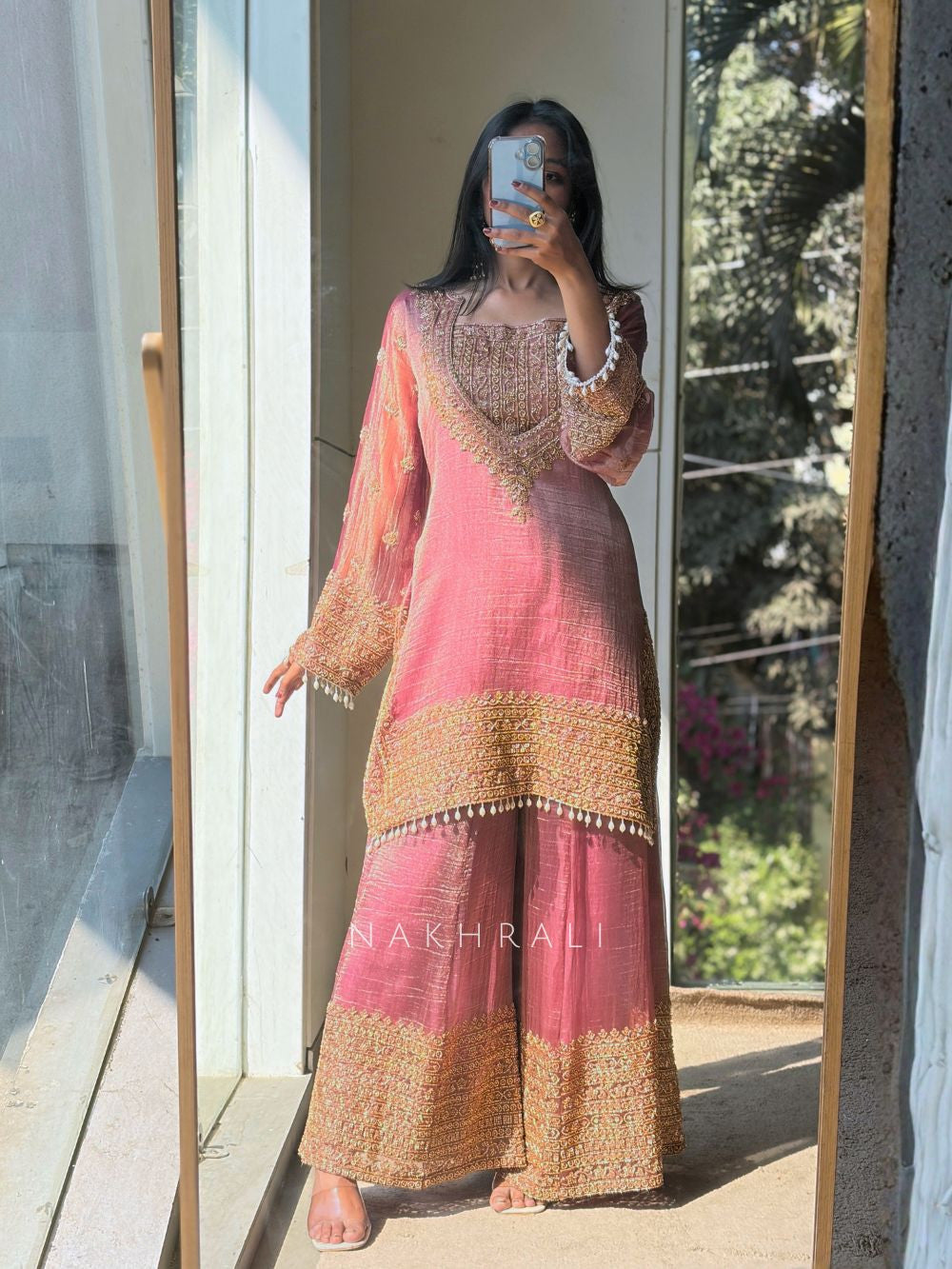 Elegant Fendy Silk Embroidered Sharara Pent Set | Ready To Wear 3-Piece Outfit