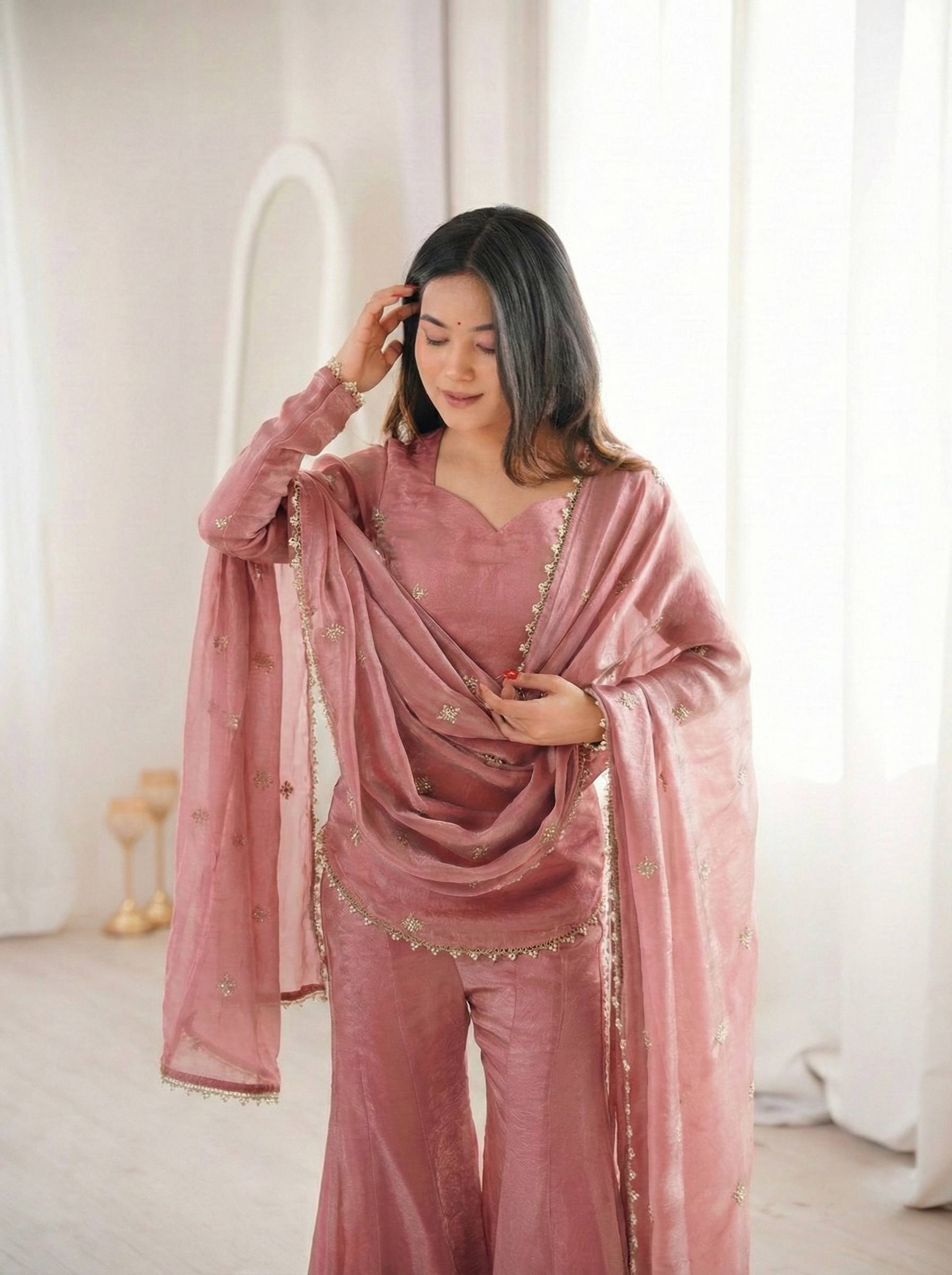 Designer Fendy Silk Top Sharara Palazzo Dupatta Set with Embroidery Sequence Work