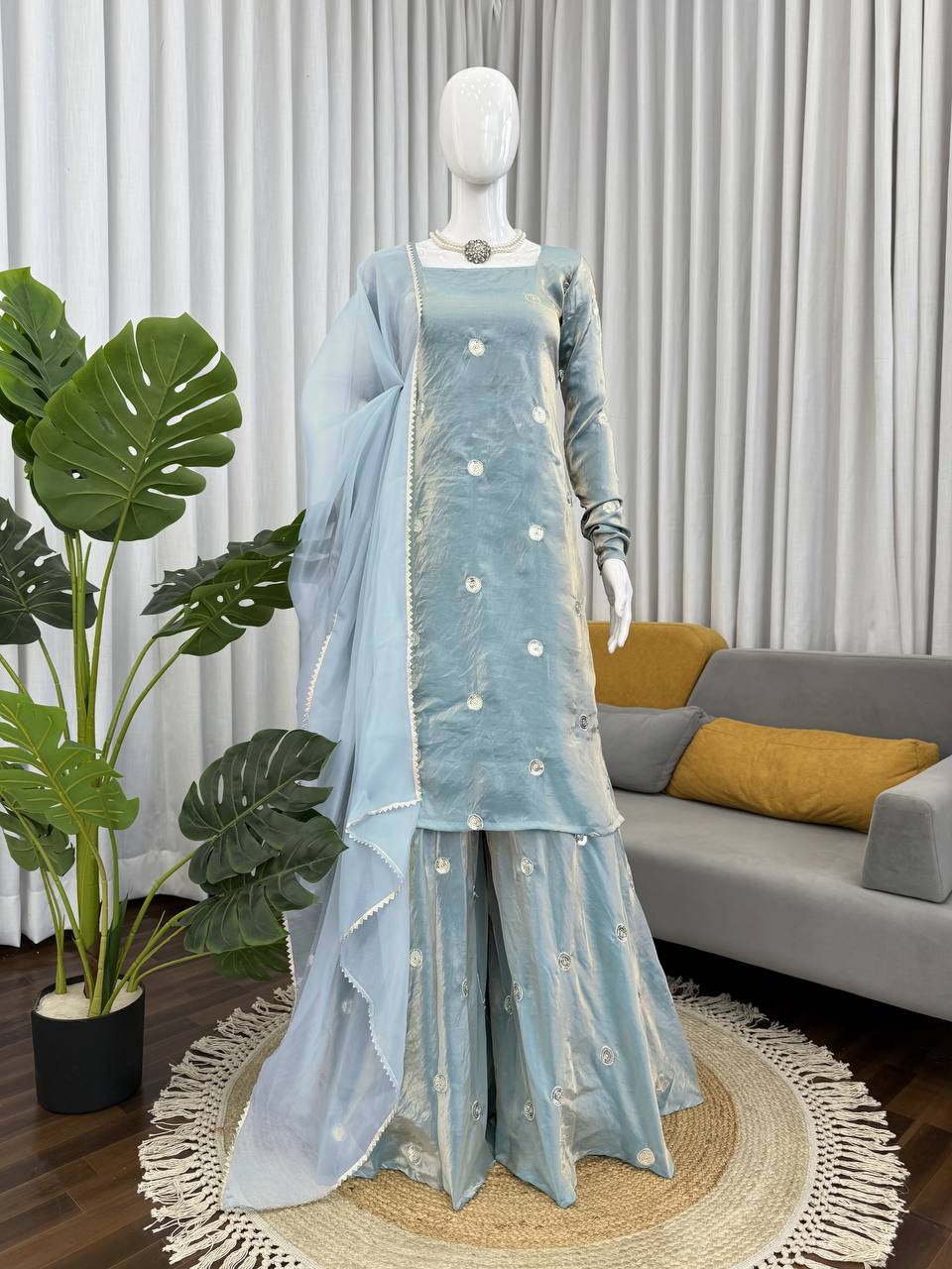 Elegant Fandy Silk 3-Piece Set | Embroidered Top, Plazo & Dupatta | Party Wear