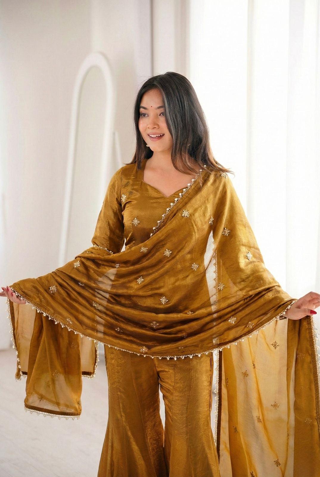 Designer Fendy Silk Top Sharara Palazzo Dupatta Set with Embroidery Sequence Work