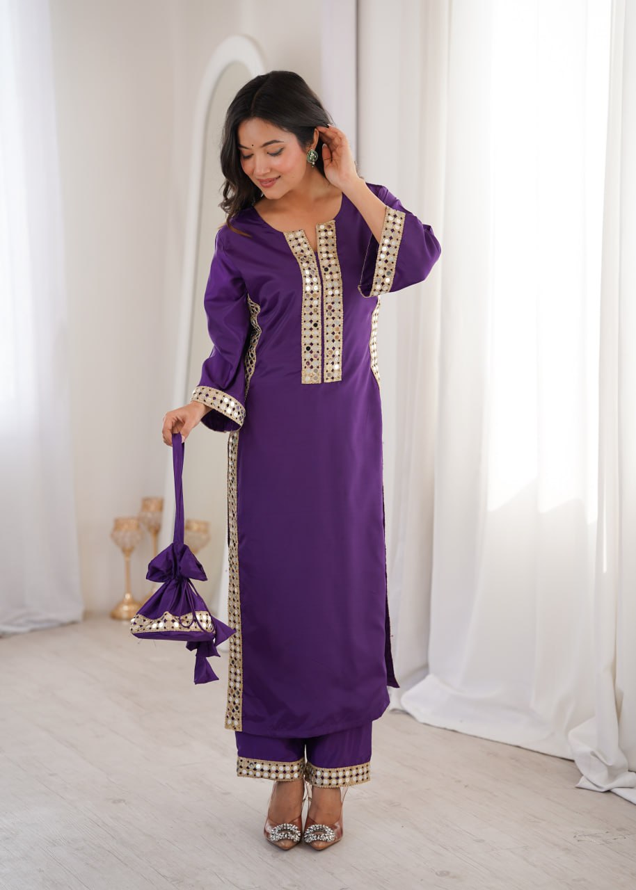 Premium Mirror Work Kurti Pant Set with Designer Batwa for Women