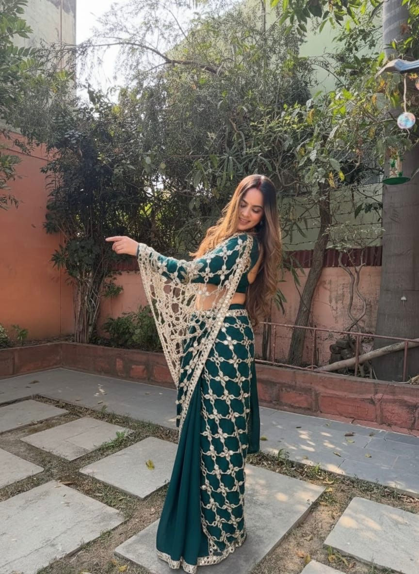 Luxury Real Mirror Work Fendy Silk Saree with Blouse for Women