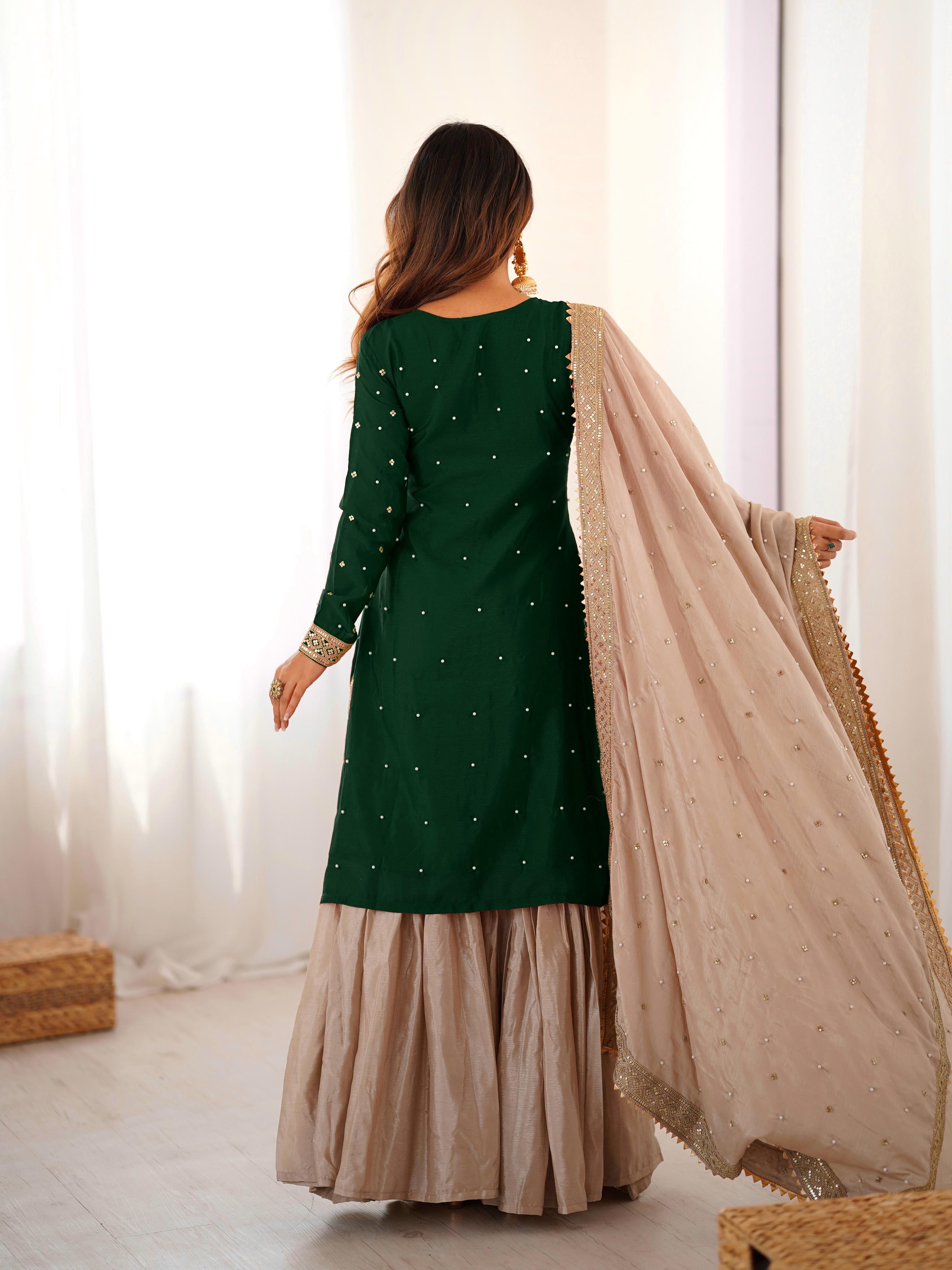 Elegant Chinon Silk 3-Piece Sharara Set with Pearl & Sequence Embroideryl