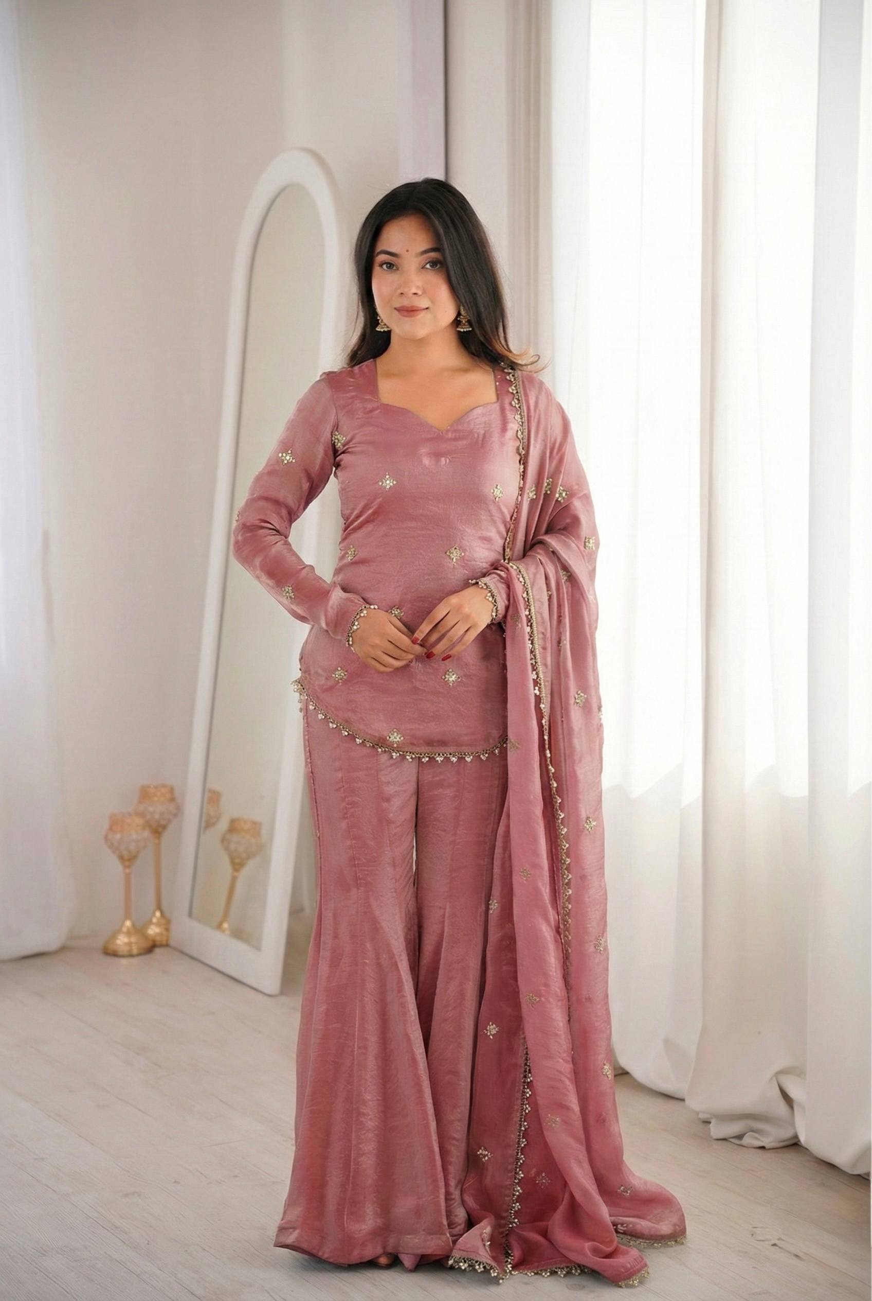 Designer Fendy Silk Top Sharara Palazzo Dupatta Set with Embroidery Sequence Work