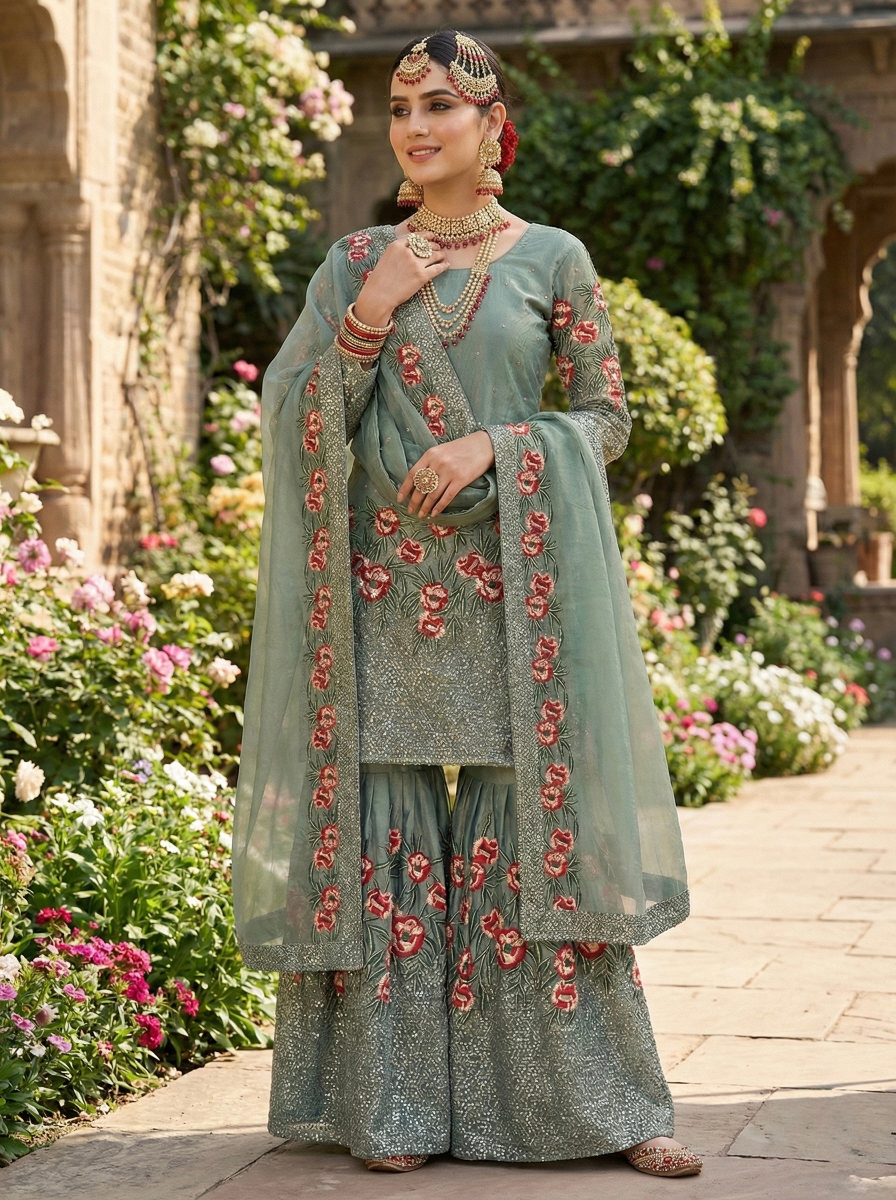 Designer Fendy Silk Top Sharara Dupatta Set with Handwork & Embroidery | Party & Wedding Wear Outfit