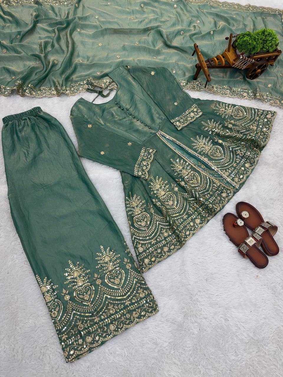 Latest Fendy Silk Real Mirror Embroidered Top Plazzo Set | Party & Festive Wear Outfit for Women