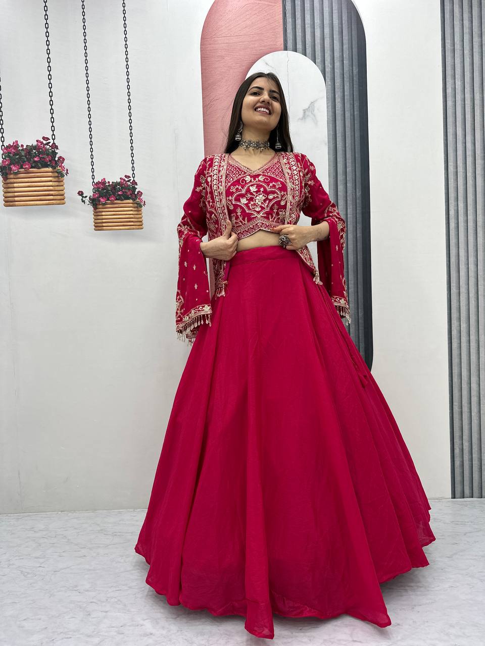 Designer Chinon Lehenga with Embroidered Blouse & Jacket – Big 6 Meter Flair