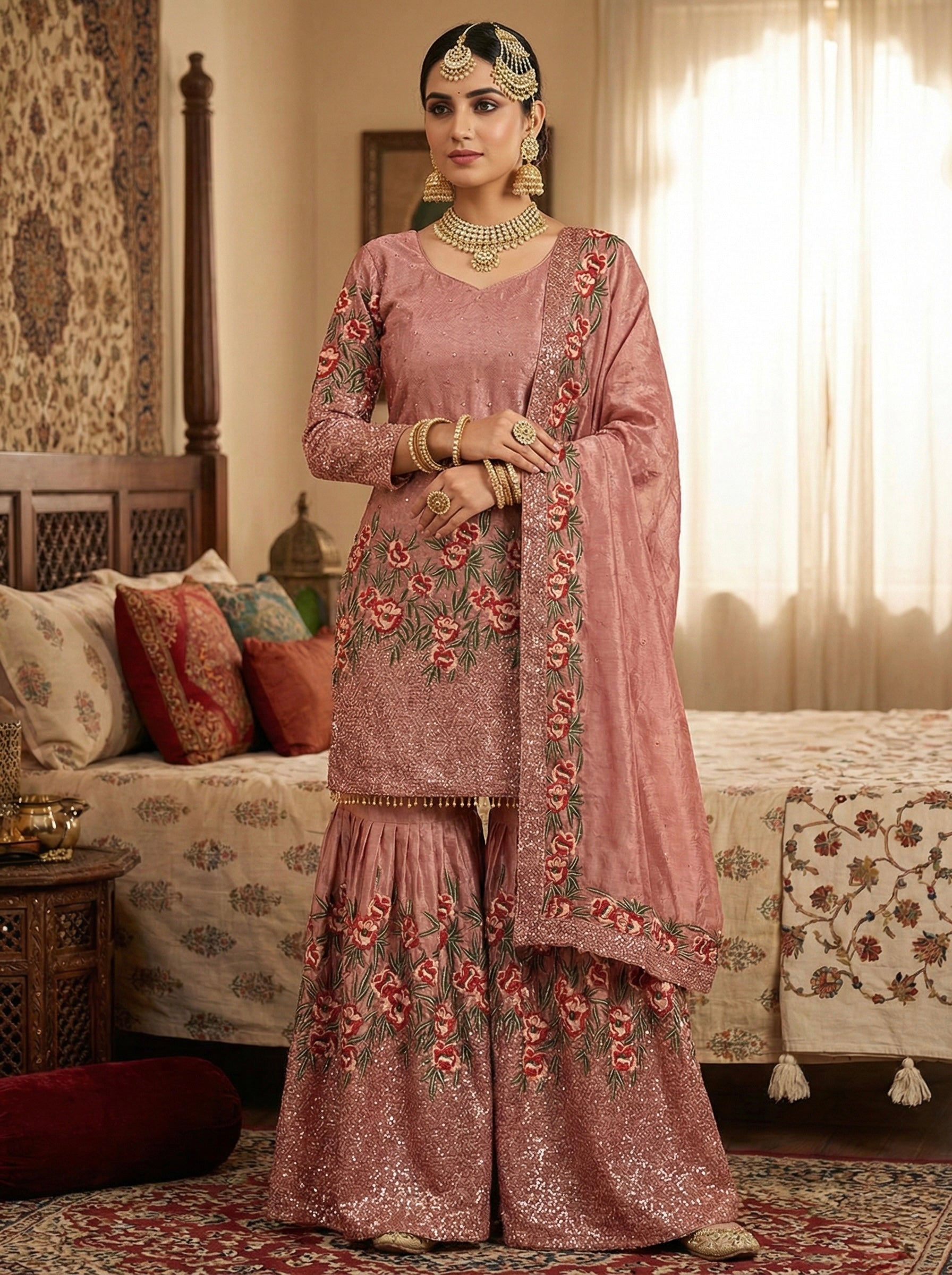 Designer Fendy Silk Top Sharara Dupatta Set with Handwork & Embroidery | Party & Wedding Wear Outfit