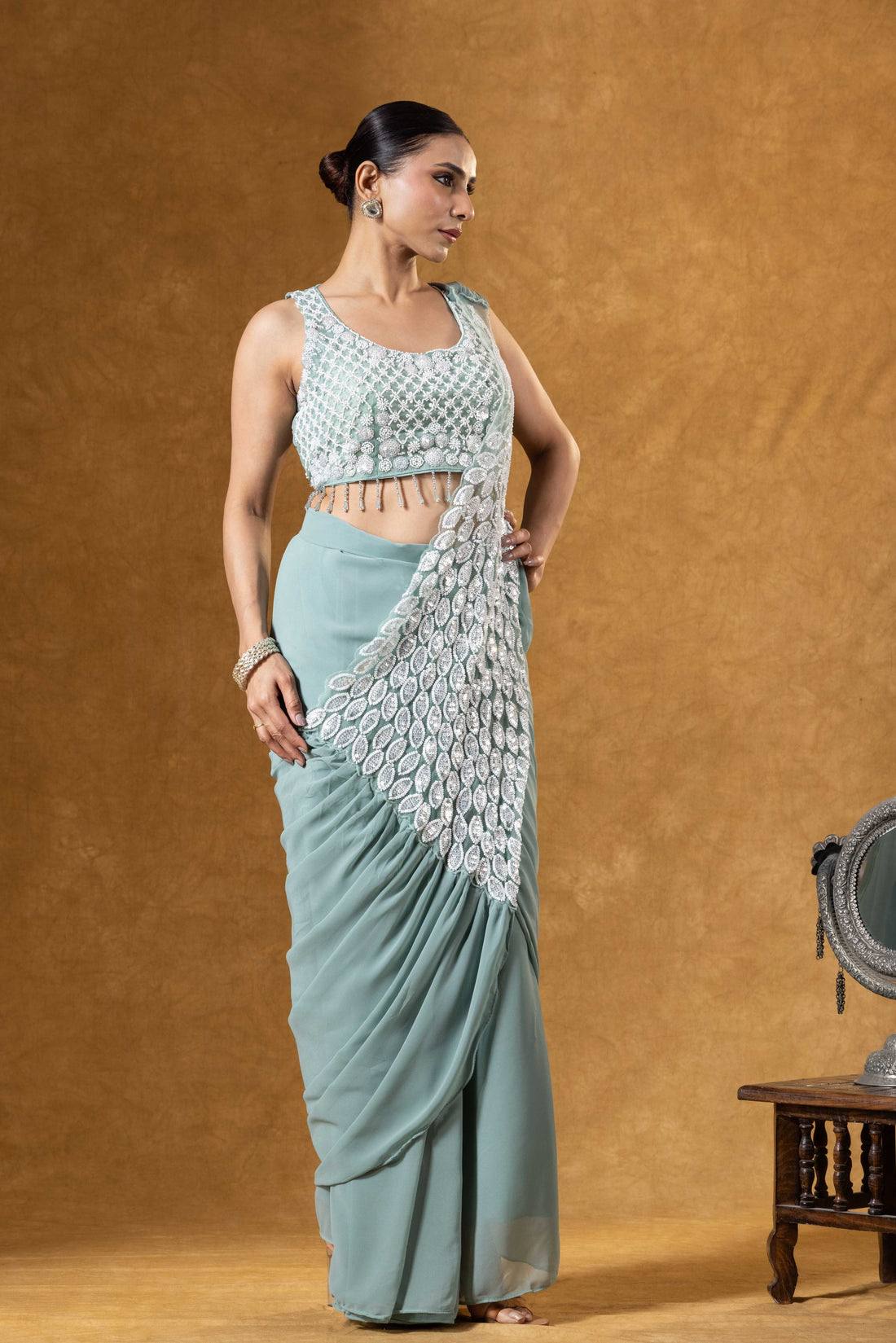 Premium Party Wear Drape Saree with Fully Stitched Embroidered Blouse