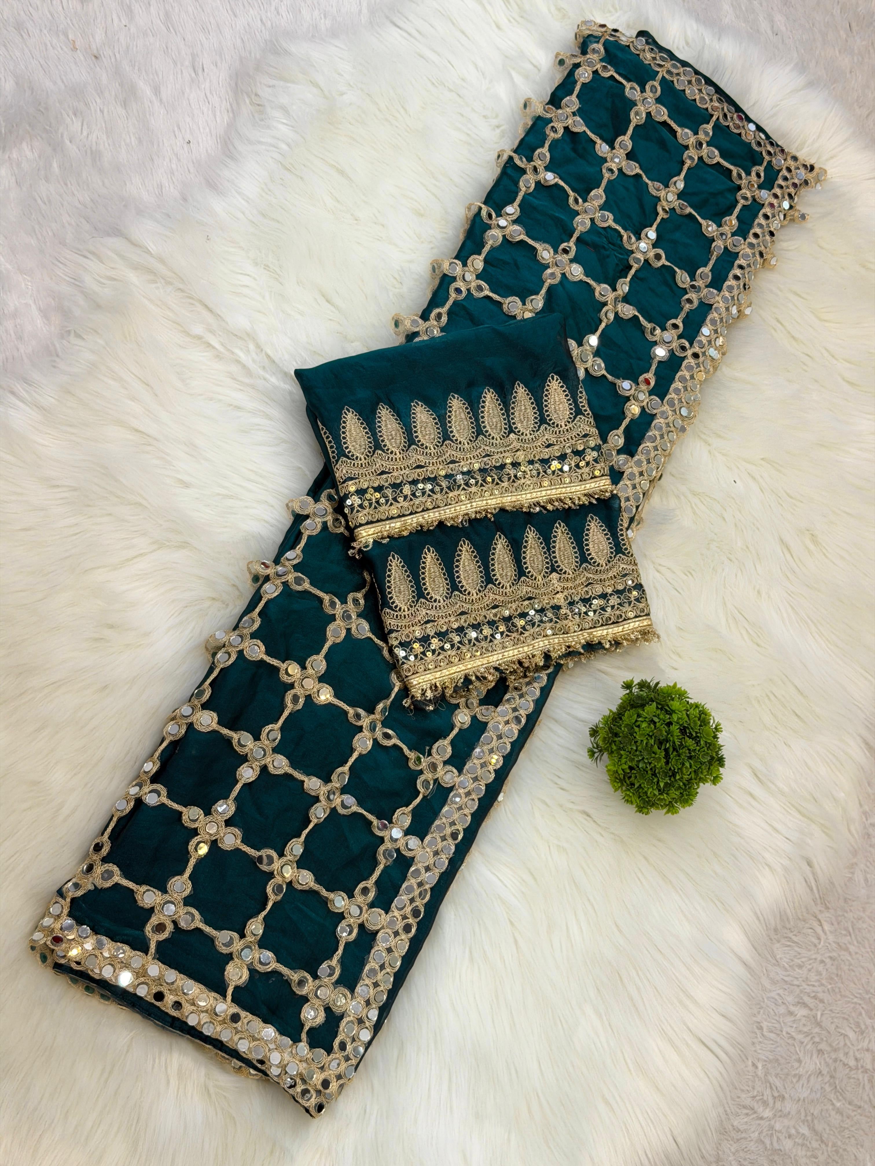 Luxury Real Mirror Work Fendy Silk Saree with Blouse for Women