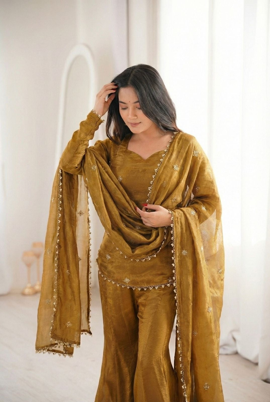 Designer Fendy Silk Top Sharara Palazzo Dupatta Set with Embroidery Sequence Work