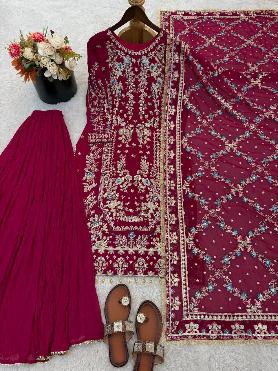 Heavy Embroidery Sequence Work Suit Set | Faux Georgette Kurta Palazzo Dupatta