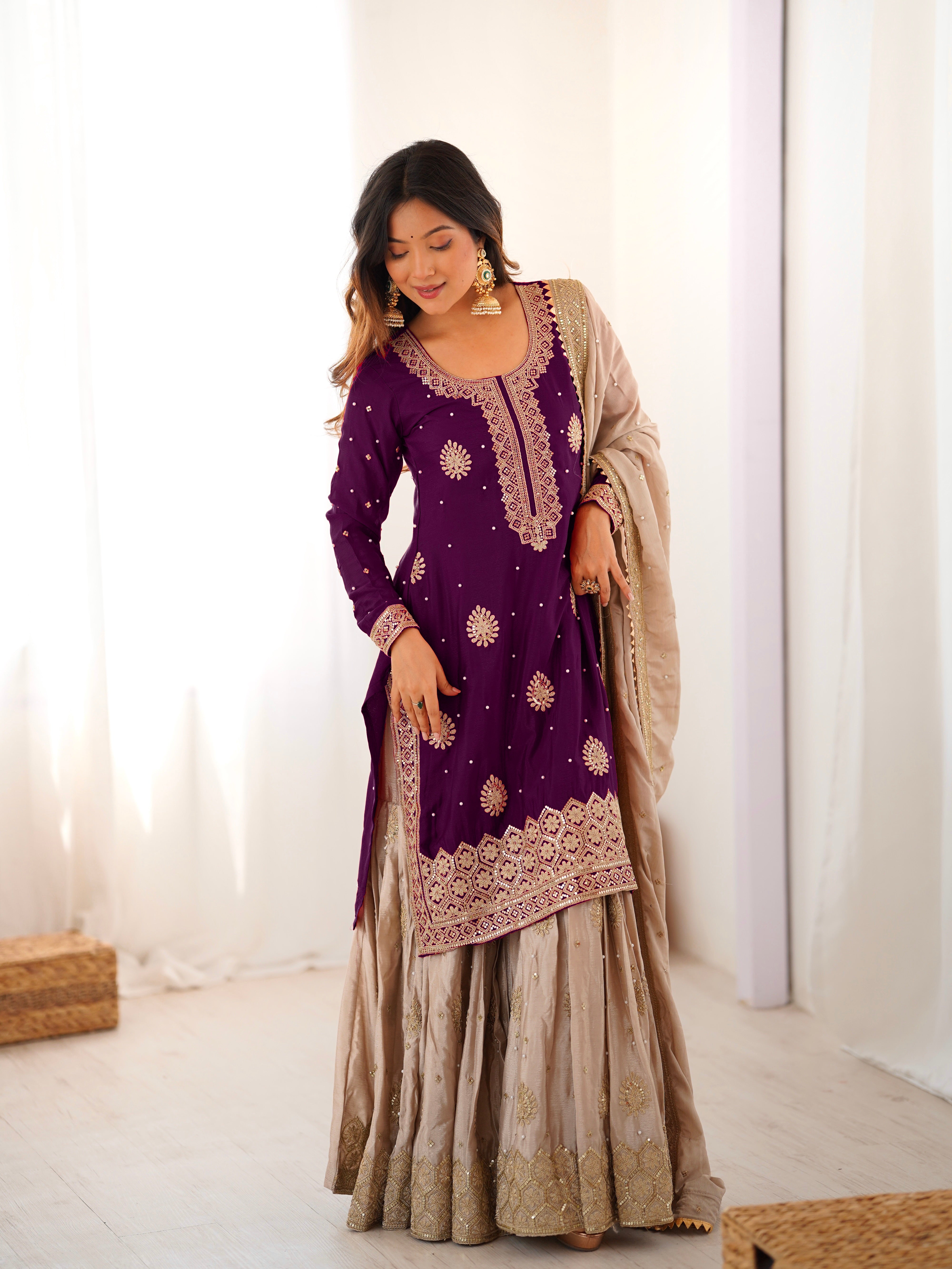 Elegant Chinon Silk 3-Piece Sharara Set with Pearl & Sequence Embroideryl