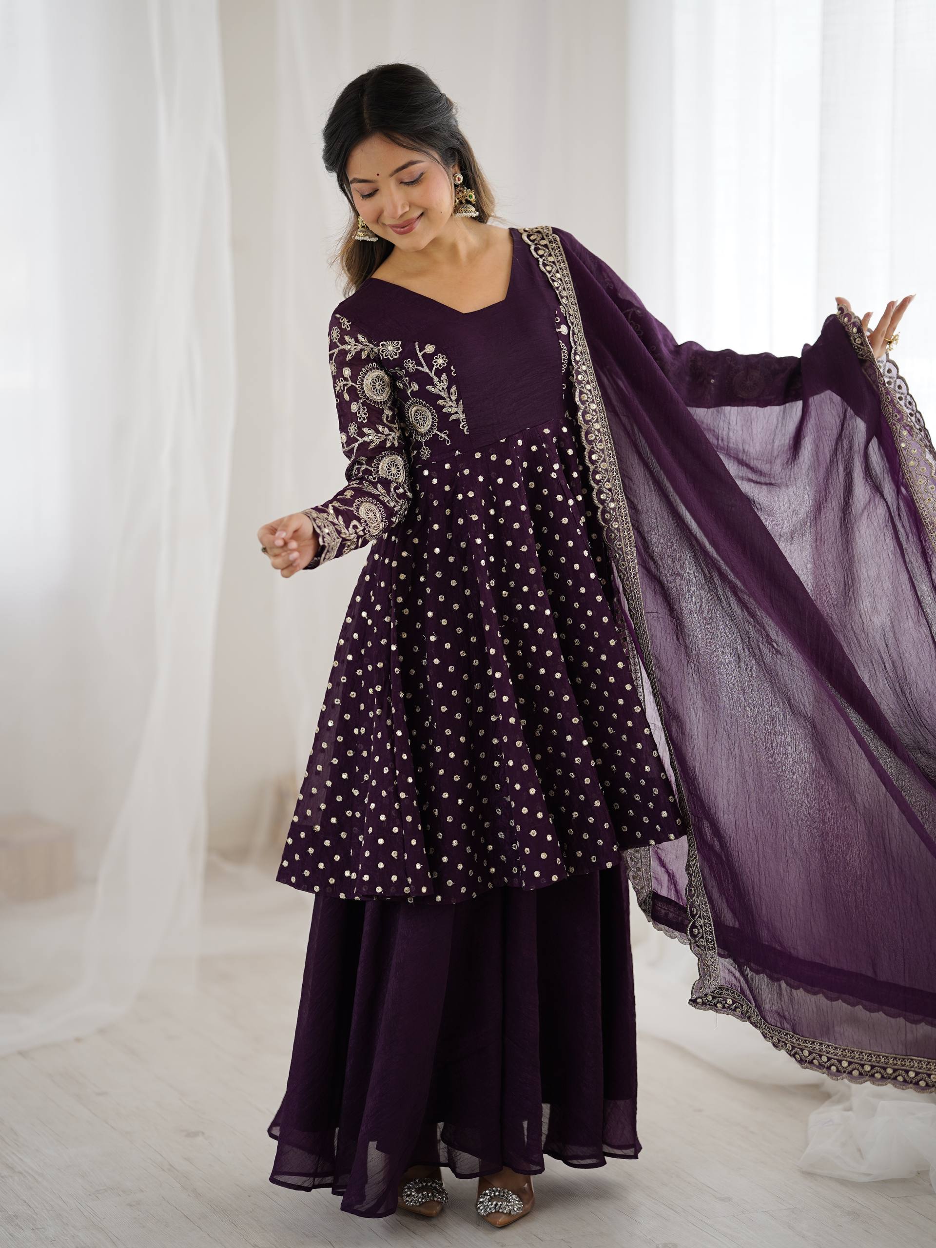 Designer Crunchy Silk Top Sharara Dupatta Set with Heavy Embroidery | Party & Wedding Wear Ethnic Outfit
