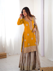 Elegant Chinon Silk 3-Piece Sharara Set with Pearl & Sequence Embroideryl