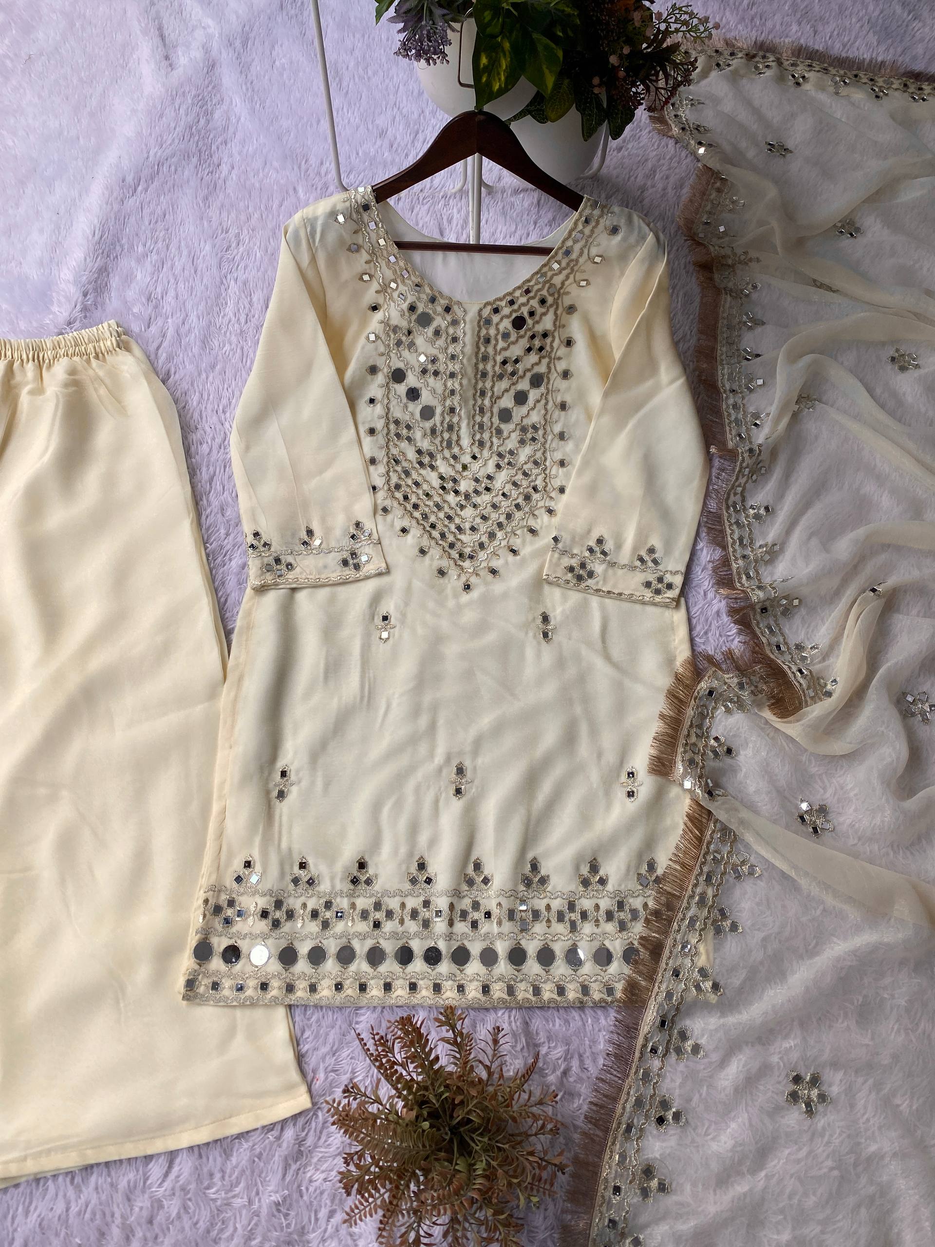 Party & Wedding Special Real Mirror Embroidered Plazzo Suit Set