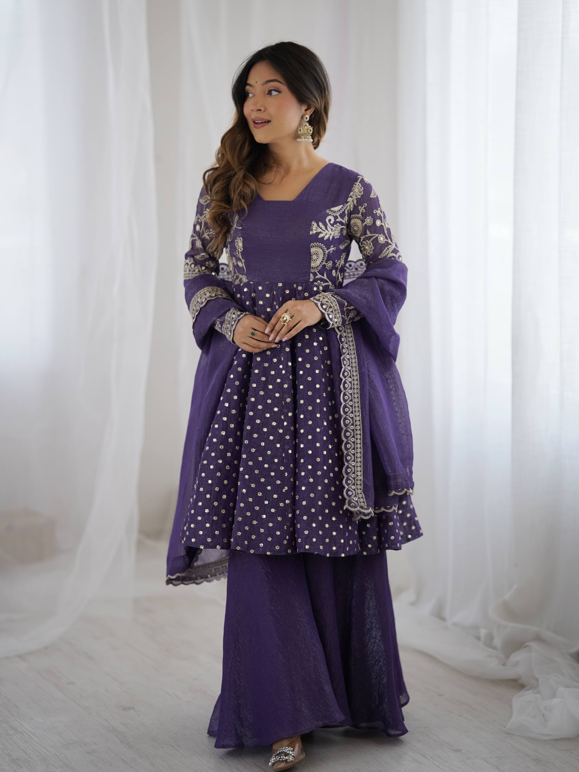Designer Crunchy Silk Top Sharara Dupatta Set with Heavy Embroidery | Party & Wedding Wear Ethnic Outfit