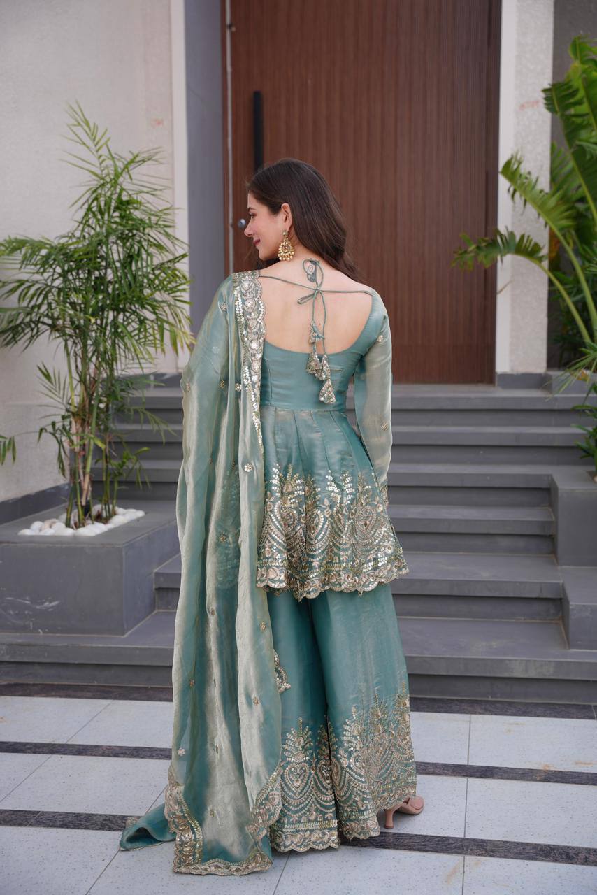 Latest Fendy Silk Real Mirror Embroidered Top Plazzo Set | Party & Festive Wear Outfit for Women