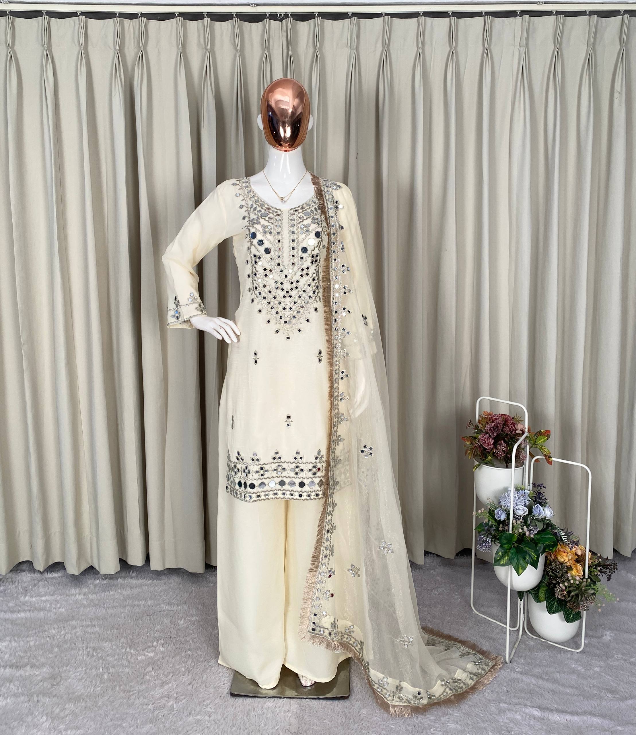 Party & Wedding Special Real Mirror Embroidered Plazzo Suit Set