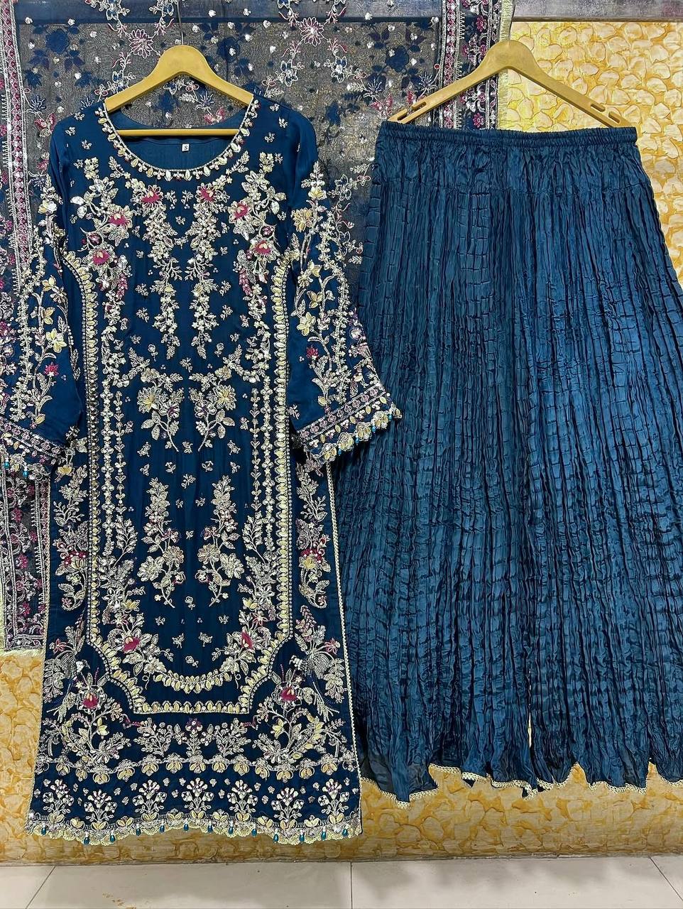 Heavy Embroidery Sequence Work Suit Set | Faux Georgette Kurta Palazzo Dupatta