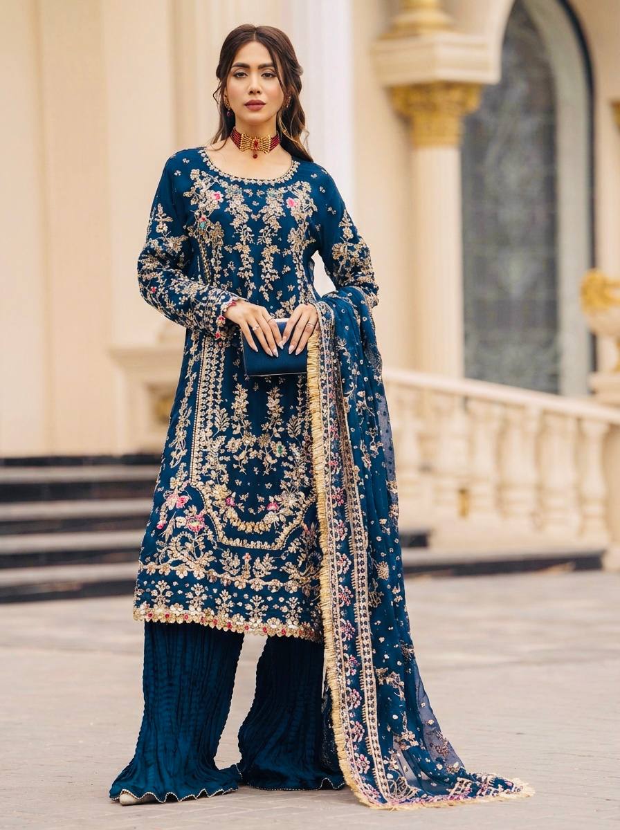 Heavy Embroidery Sequence Work Suit Set | Faux Georgette Kurta Palazzo Dupatta