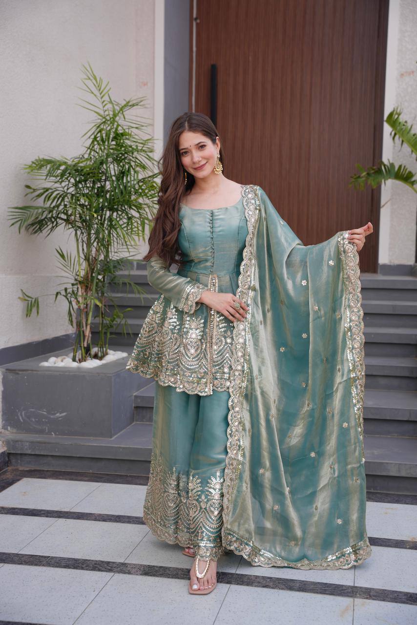 Latest Fendy Silk Real Mirror Embroidered Top Plazzo Set | Party & Festive Wear Outfit for Women