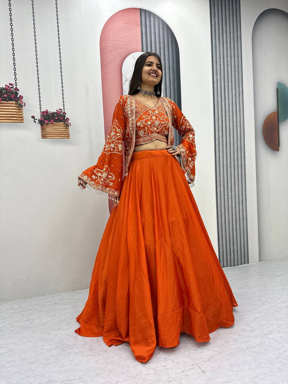 Designer Chinon Lehenga with Embroidered Blouse & Jacket – Big 6 Meter Flair