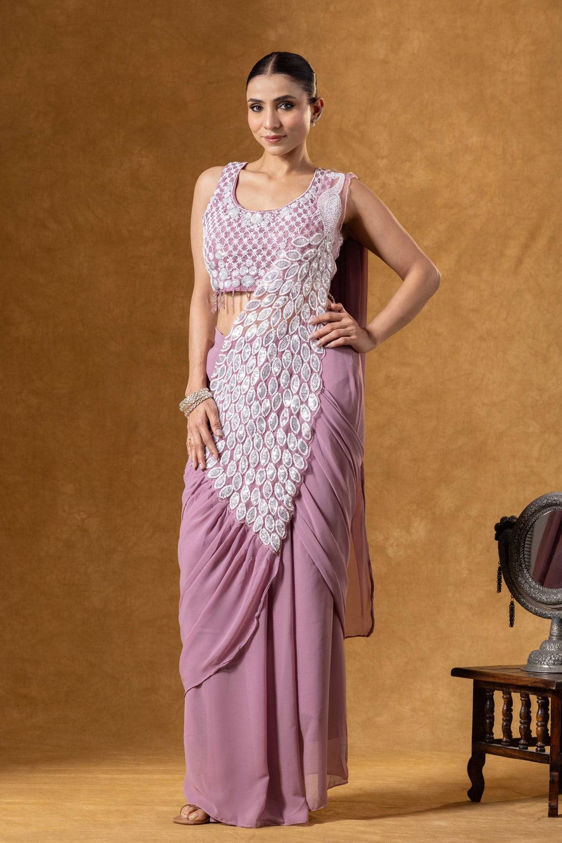 Premium Party Wear Drape Saree with Fully Stitched Embroidered Blouse