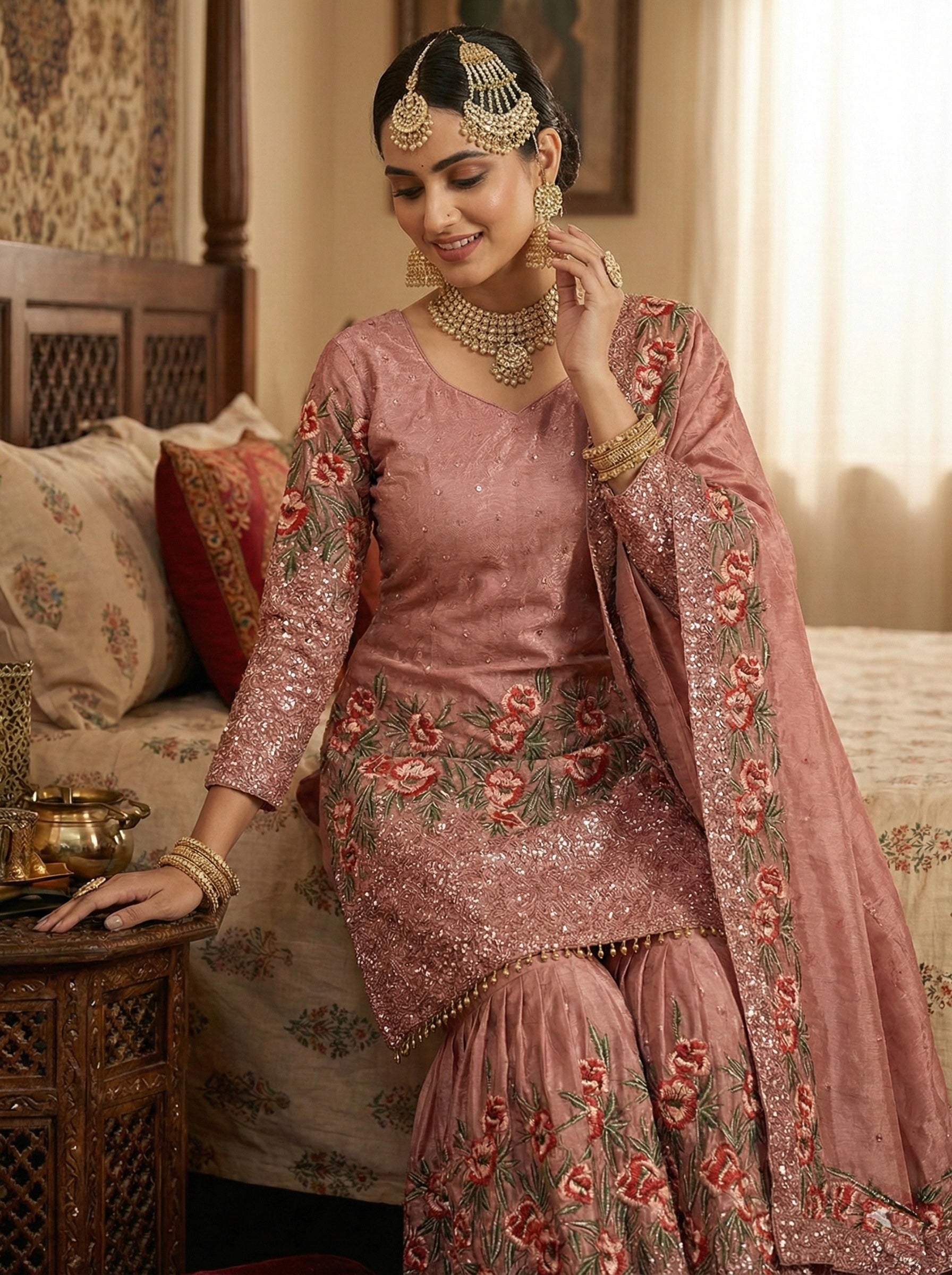 Designer Fendy Silk Top Sharara Dupatta Set with Handwork & Embroidery | Party & Wedding Wear Outfit