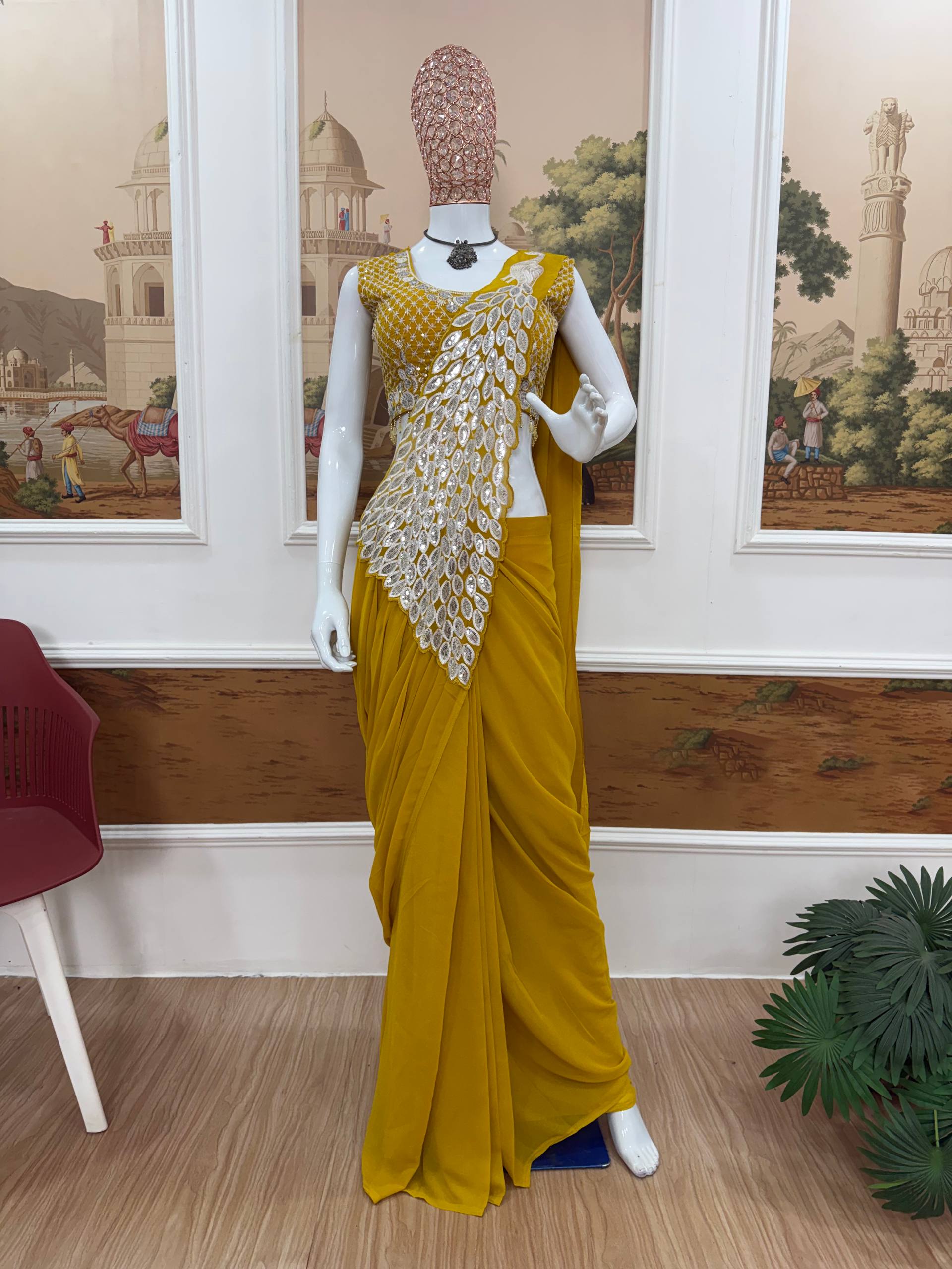 Premium Party Wear Drape Saree with Fully Stitched Embroidered Blouse
