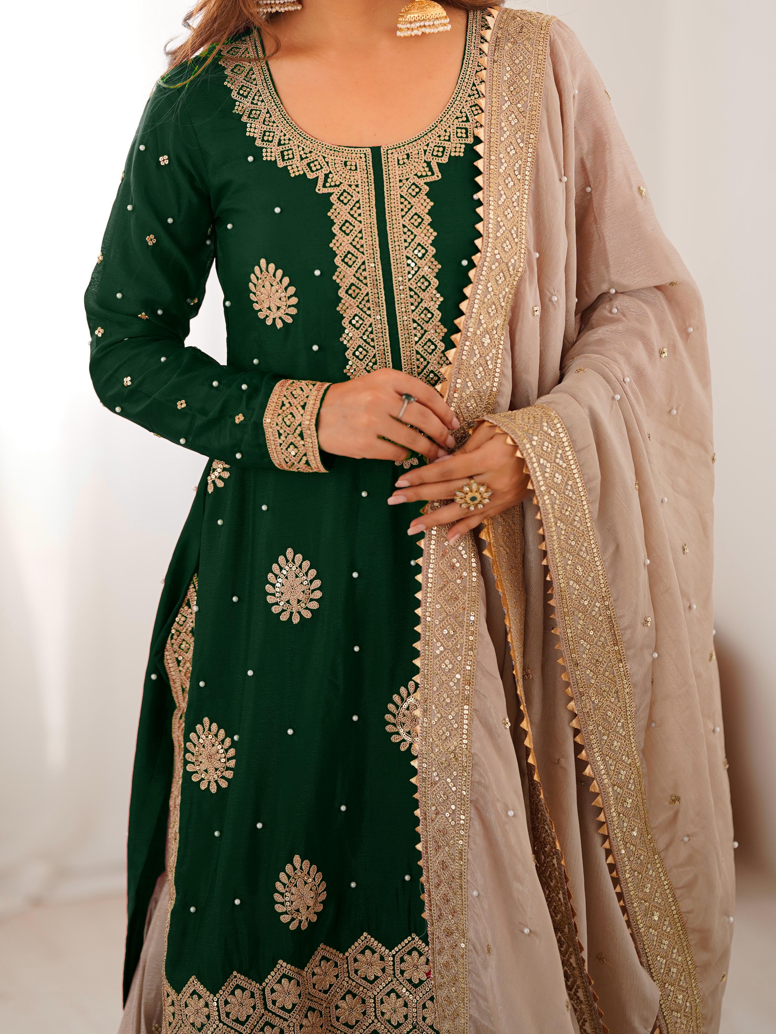 Elegant Chinon Silk 3-Piece Sharara Set with Pearl & Sequence Embroideryl
