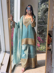 Elegant Fendy Silk Embroidered Sharara Pent Set | Ready To Wear 3-Piece Outfit