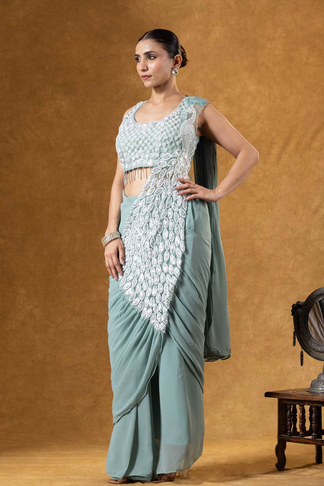 Premium Party Wear Drape Saree with Fully Stitched Embroidered Blouse