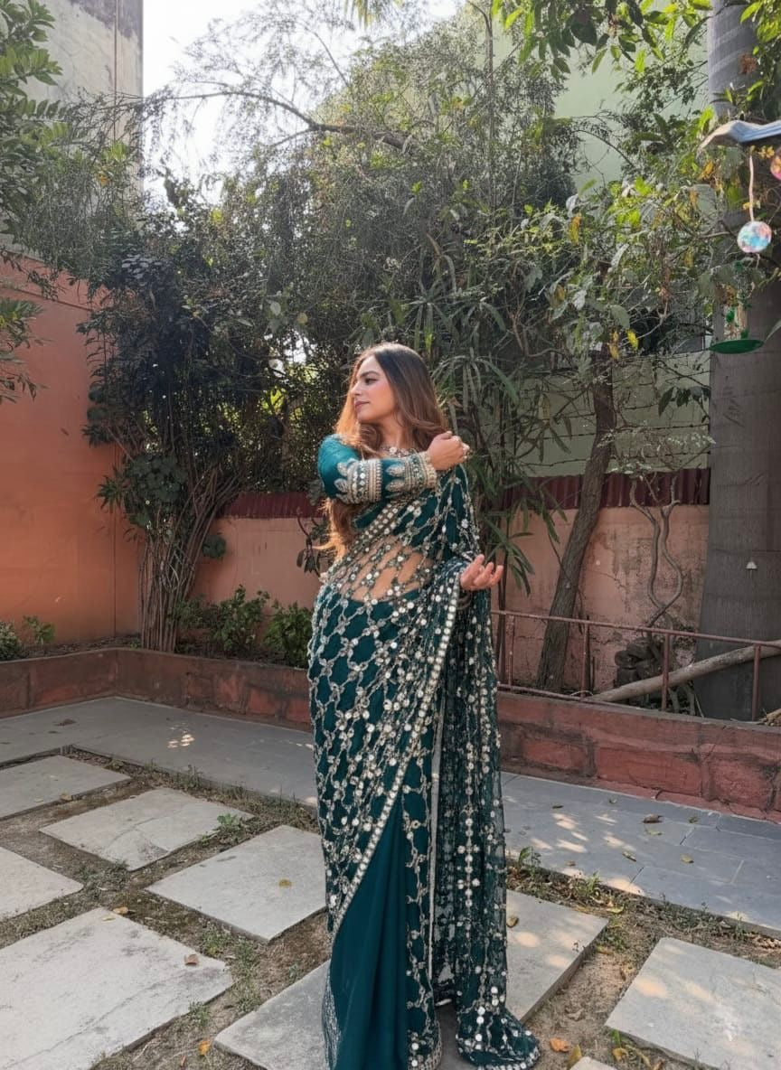 Luxury Real Mirror Work Fendy Silk Saree with Blouse for Women