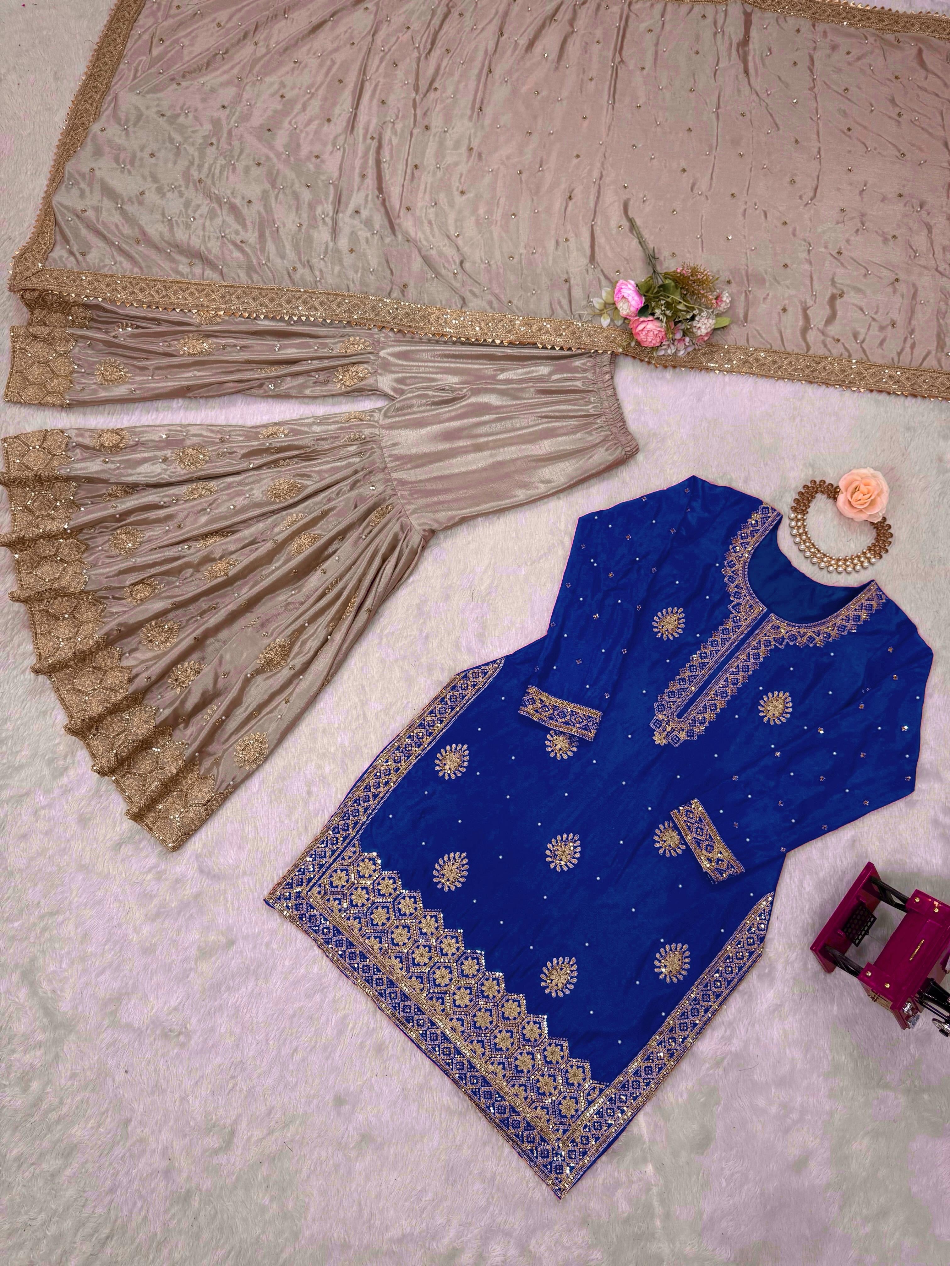 Elegant Chinon Silk 3-Piece Sharara Set with Pearl & Sequence Embroideryl