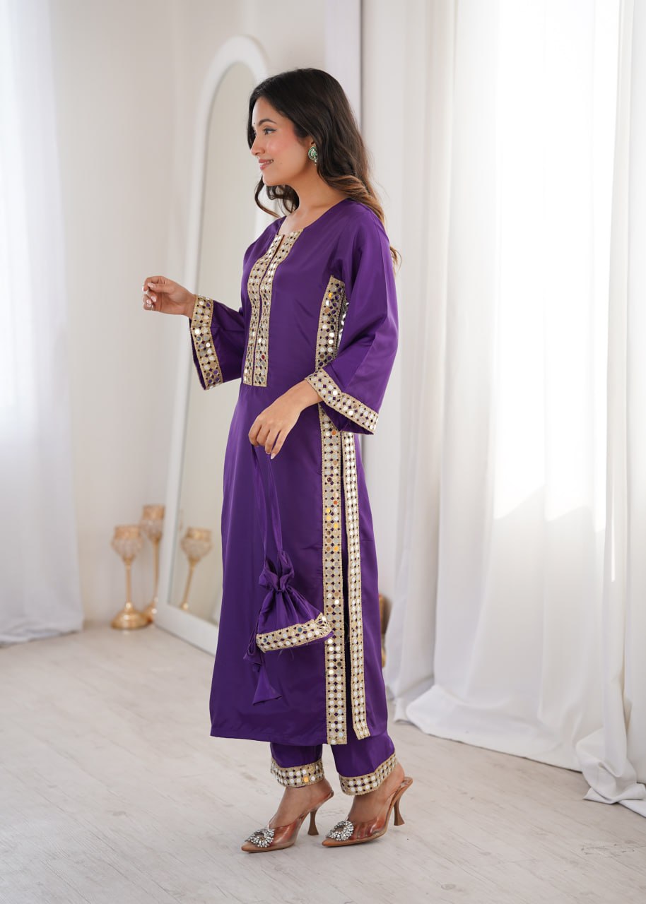 Premium Mirror Work Kurti Pant Set with Designer Batwa for Women