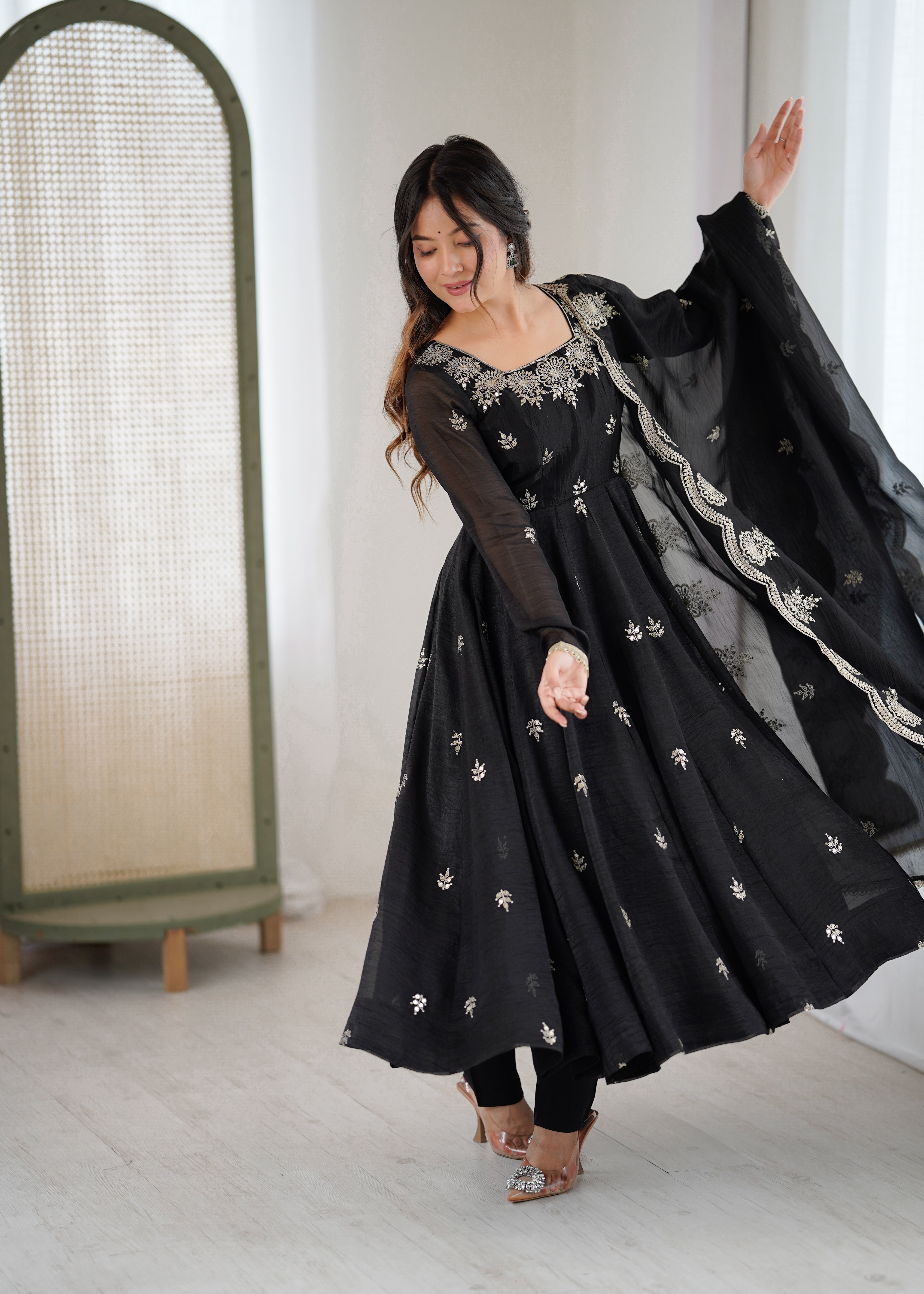 Designer Anarkali Gown Set in Crunchy Silk with 4 Meter Flair & Embroidery | Festive Wear for Women