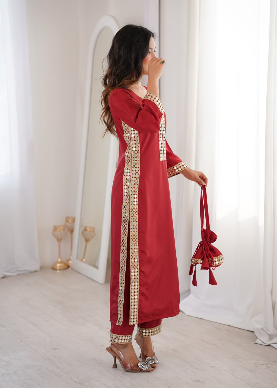 Premium Mirror Work Kurti Pant Set with Designer Batwa for Women
