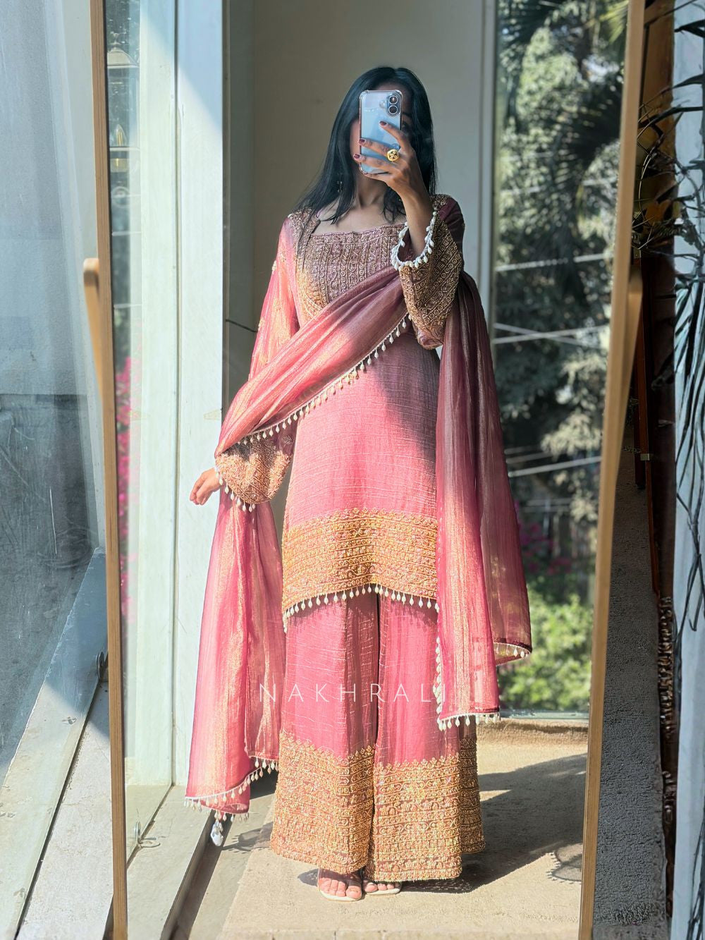 Elegant Fendy Silk Embroidered Sharara Pent Set | Ready To Wear 3-Piece Outfit