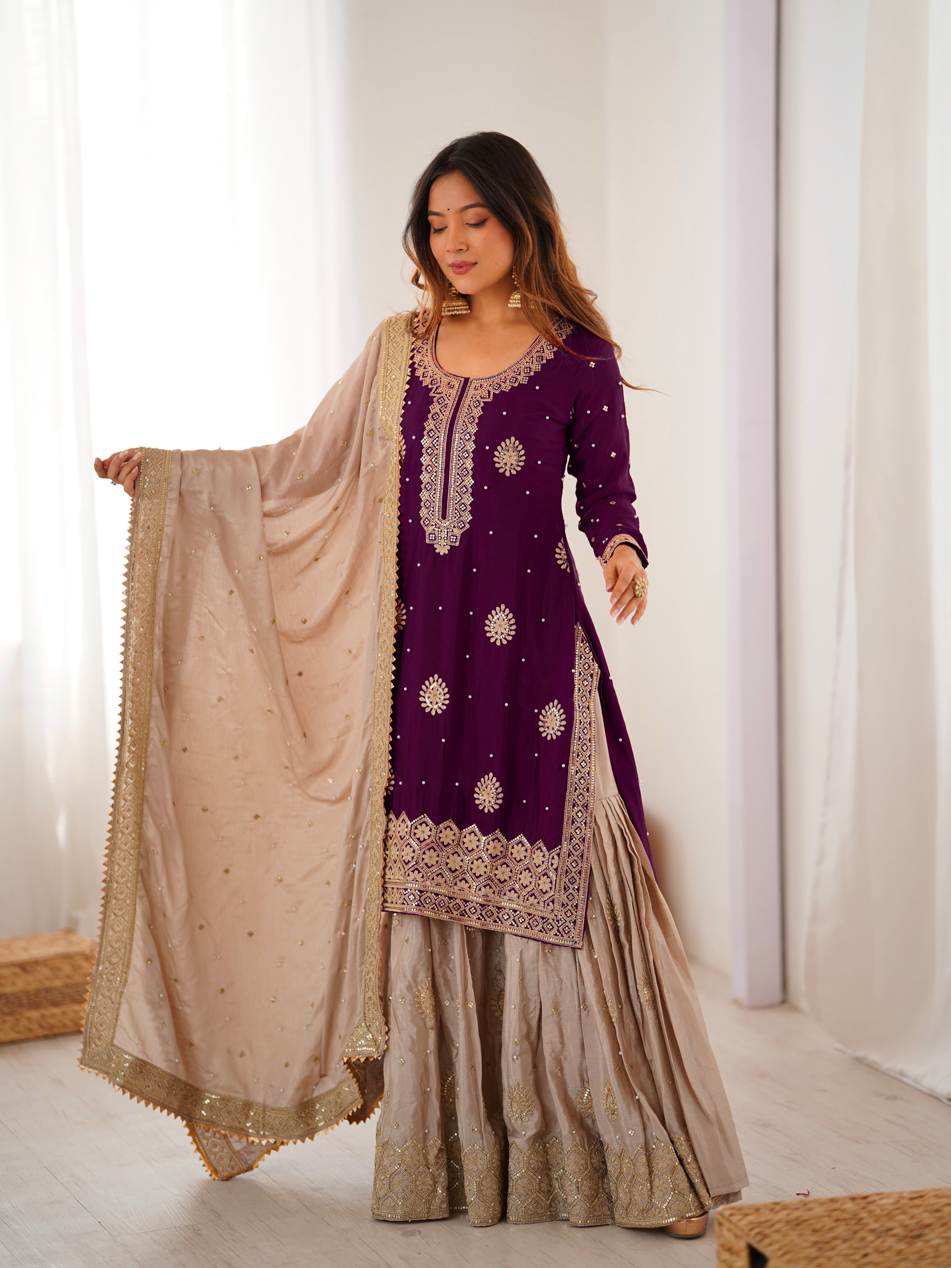 Elegant Chinon Silk 3-Piece Sharara Set with Pearl & Sequence Embroideryl