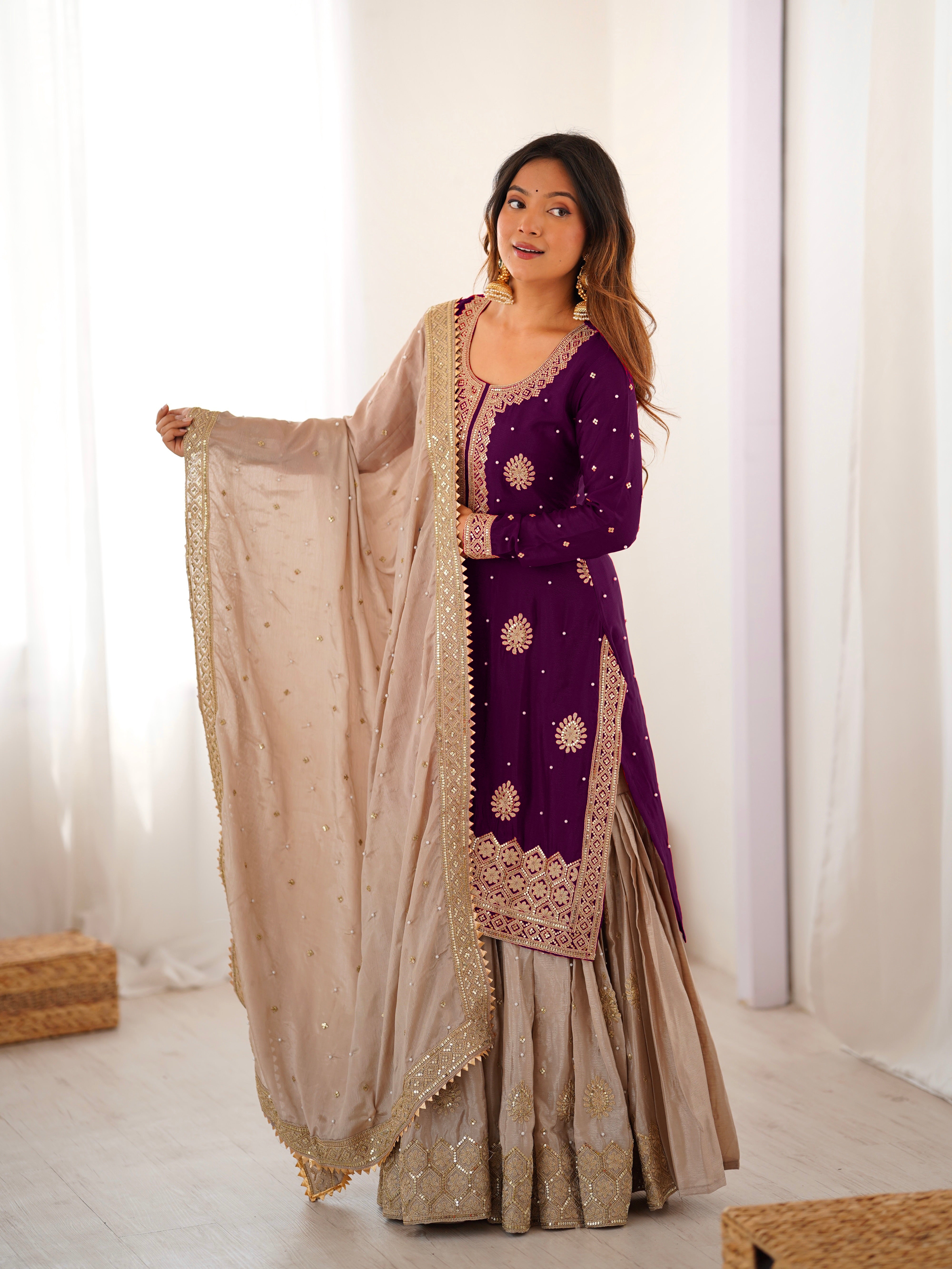 Elegant Chinon Silk 3-Piece Sharara Set with Pearl & Sequence Embroideryl