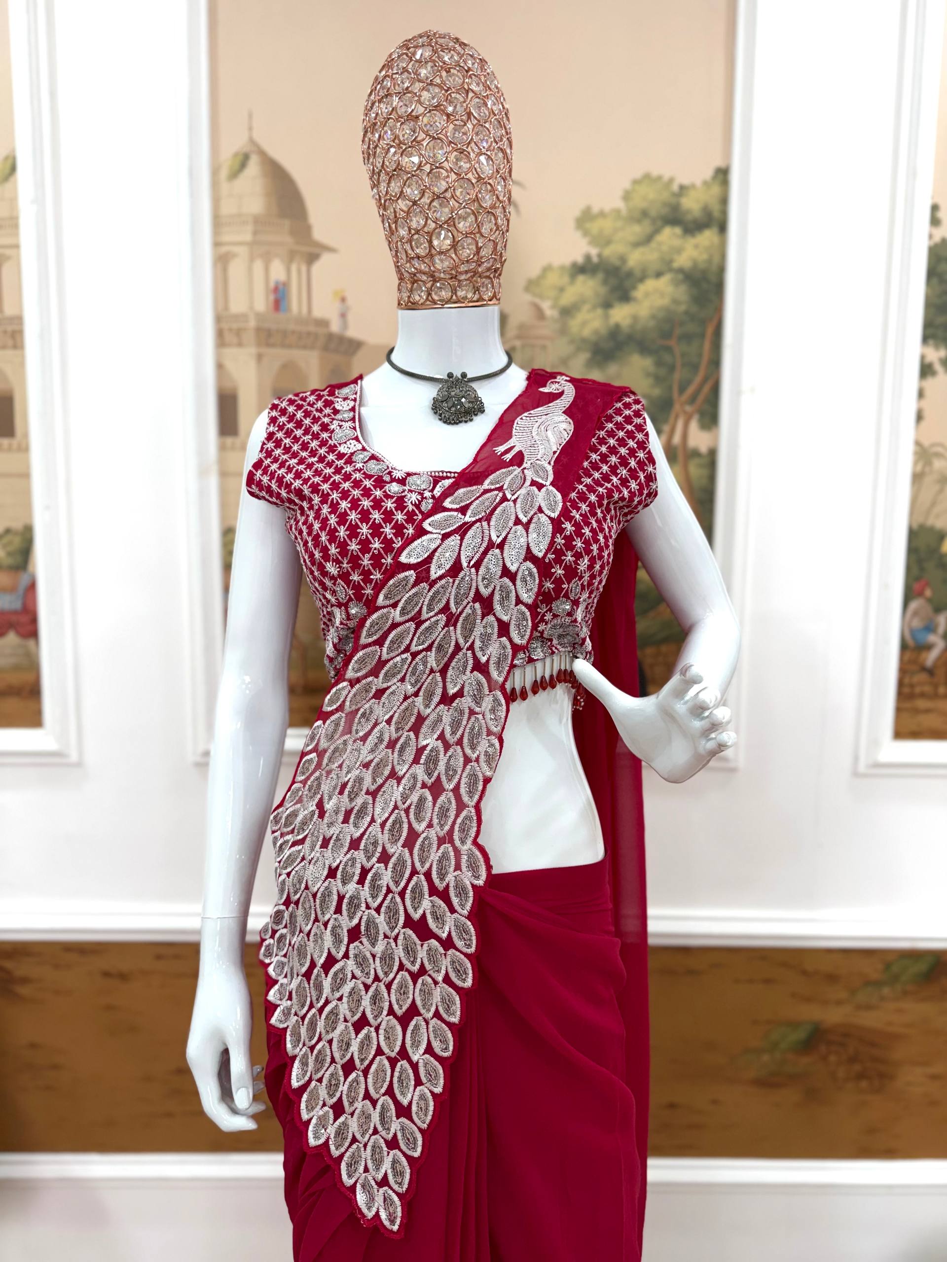 Premium Party Wear Drape Saree with Fully Stitched Embroidered Blouse